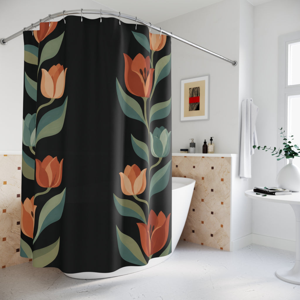 Terracotta tulips, closed teal buds and sage leaves on black shower curtain beside a freestanding tub