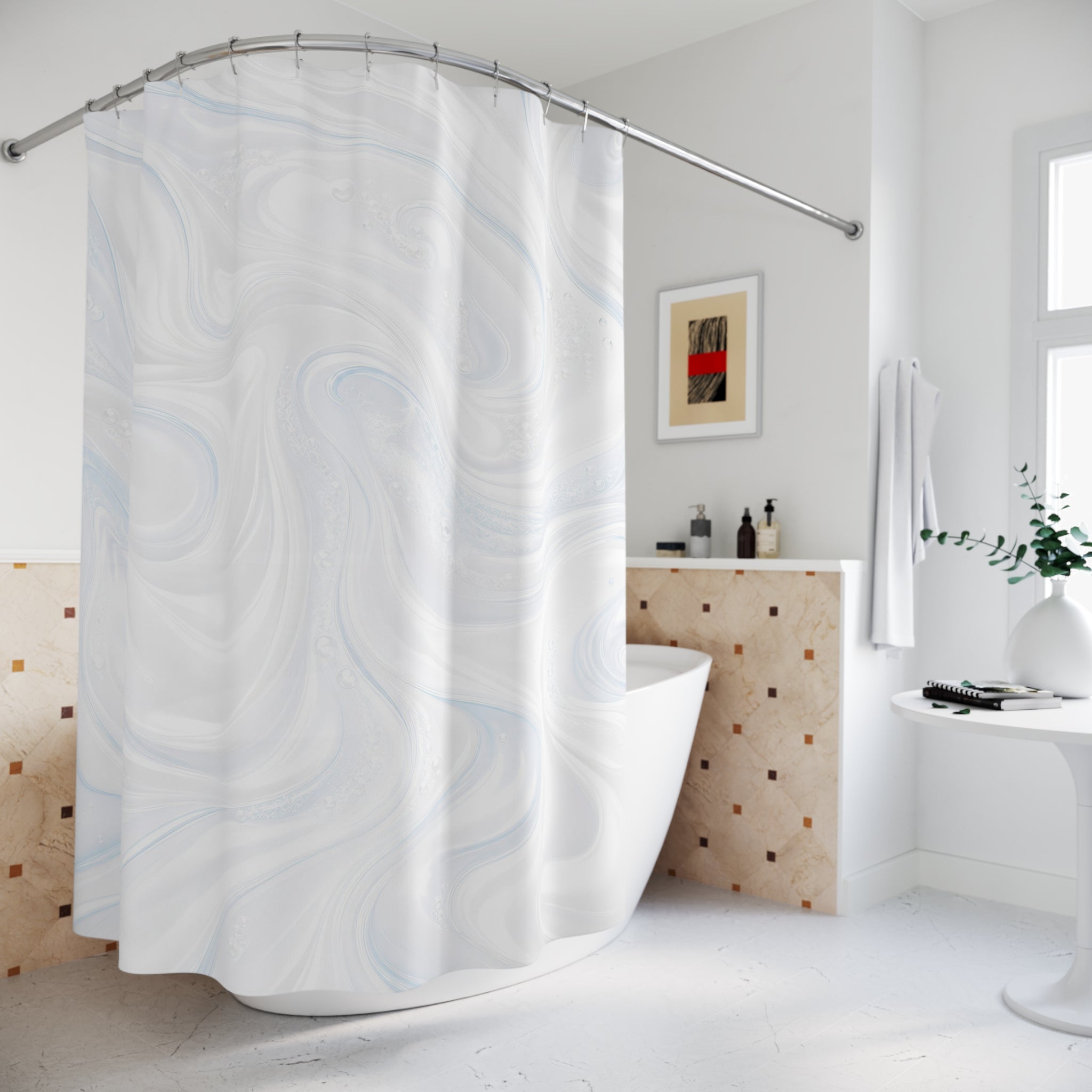 White Abstract Shower Curtain, Modern Marble Bath Decor, Soft Swirl Pattern, Minimal Guest Bathroom Decor, Spa Neutral White Style