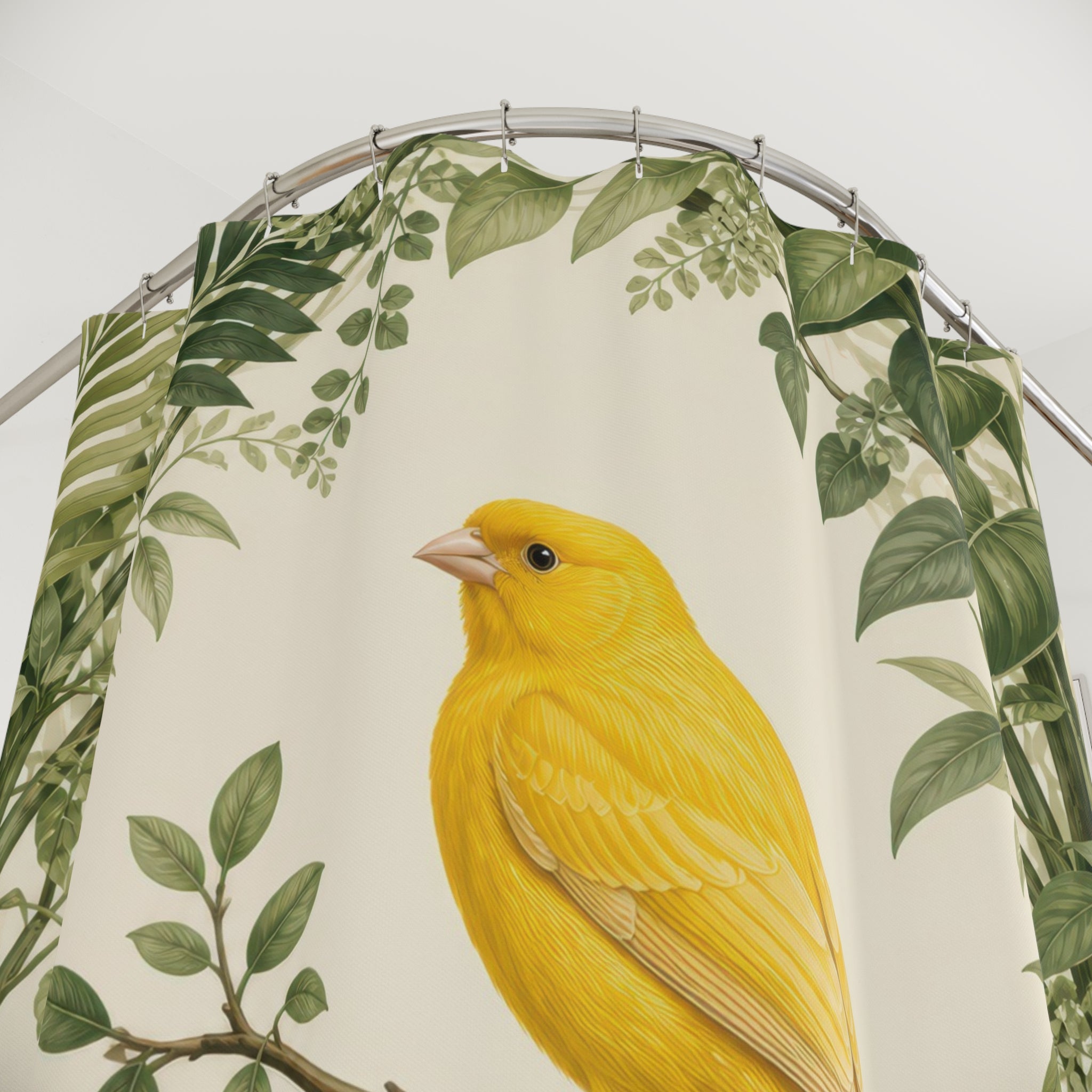 Yellow canary framed by layered tropical green leaves shower curtain with close-up print, hooks, and folds