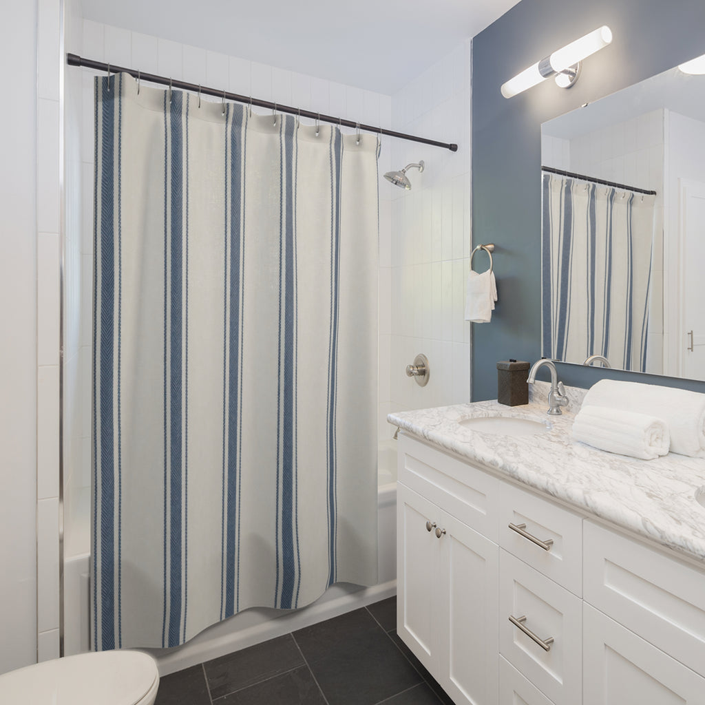 Blue Ticking Stripe Shower Curtain – Navy and Ivory