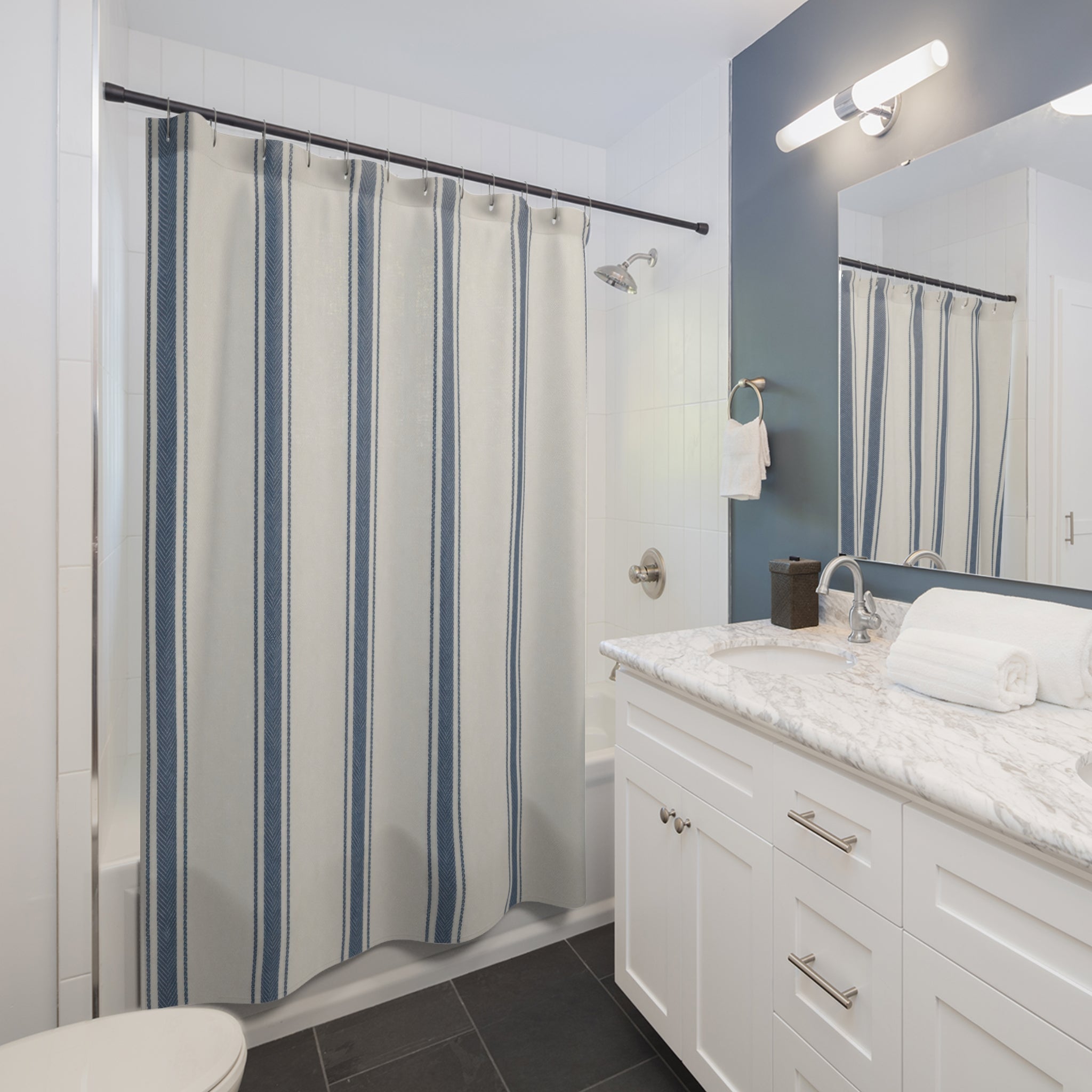 Blue Ticking Stripe Shower Curtain – Navy and Ivory