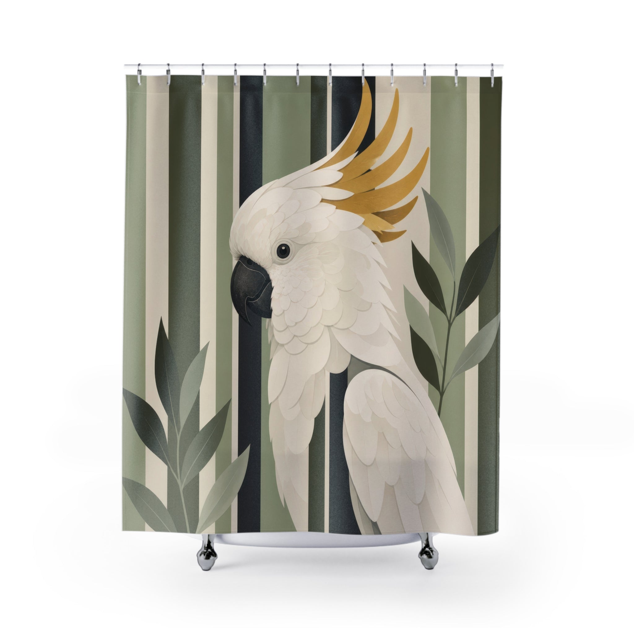 White gold cockatoo against sage olive and cream stripes shower curtain, full front view