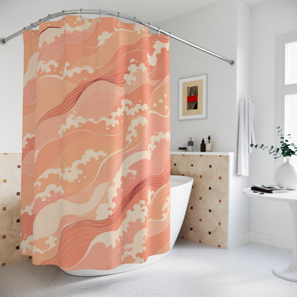 Peachy coral waves with cream foam shower curtain beside a freestanding tub