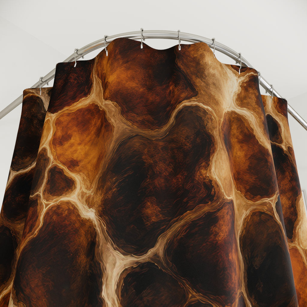 Dark Brown Amber Mottled abstract shower curtain with close-up print, hooks, and folds