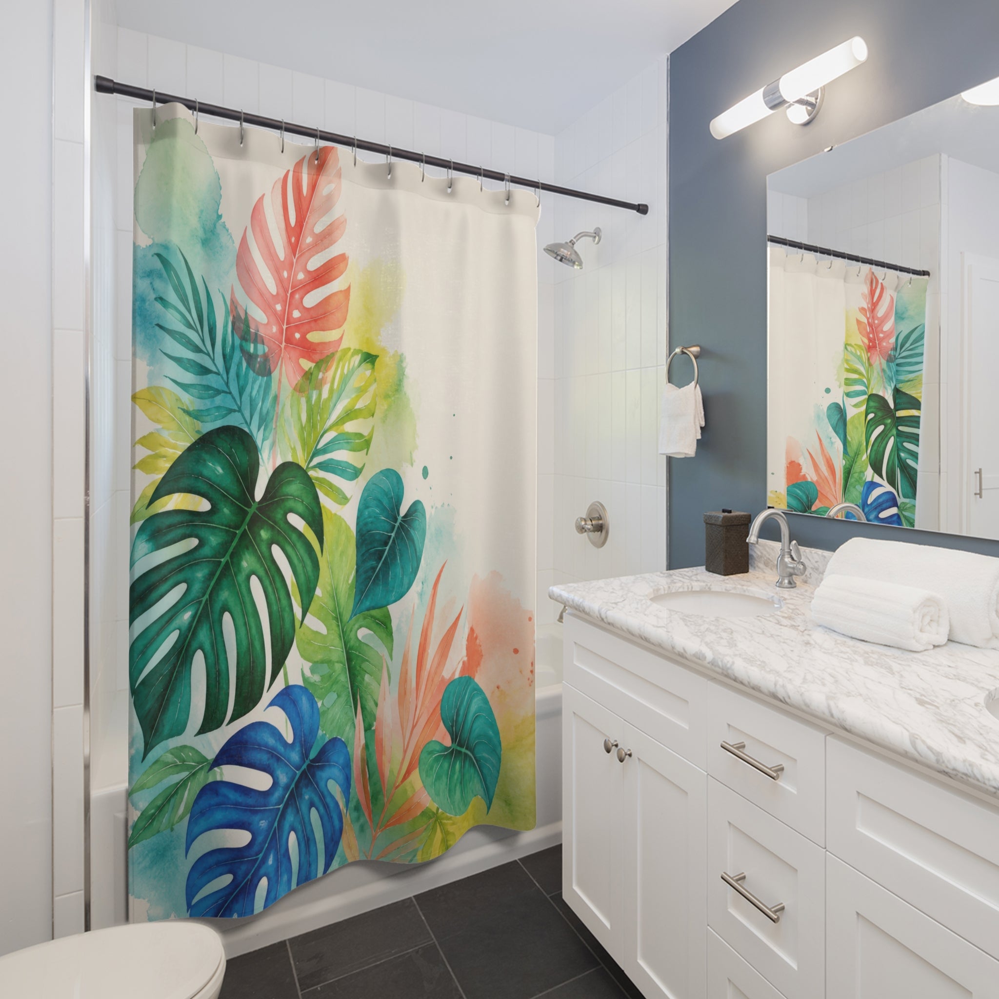 Tropical Watercolor Monstera Shower Curtain