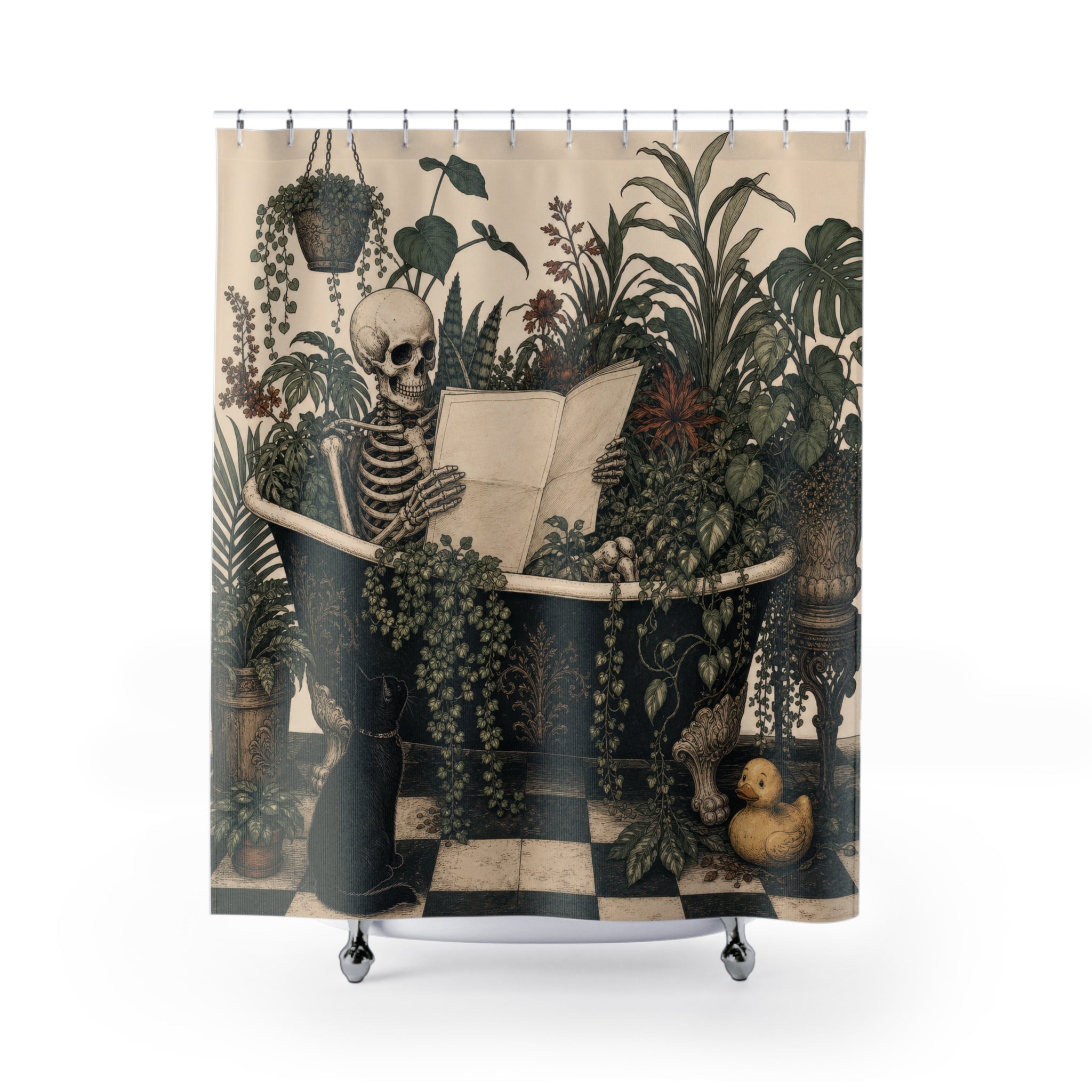 Dark Humor Shower Curtain, Skeleton Reading in Plant Filled Bath