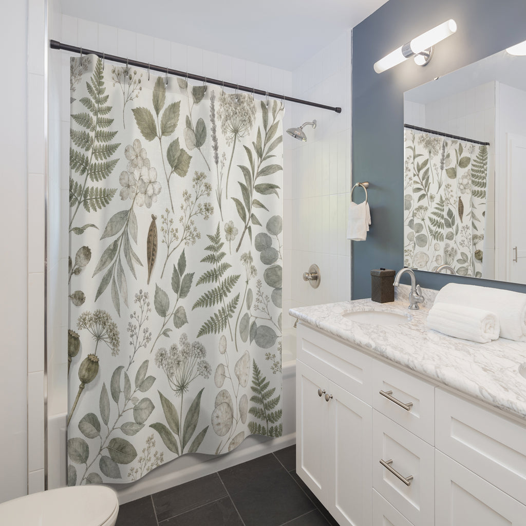 Green Herbarium Shower Curtain, Sage Green Nature Bathroom Decor, Herbarium Botanical Bath Curtain, Guest Bath Decor, Small Bathroom Decor