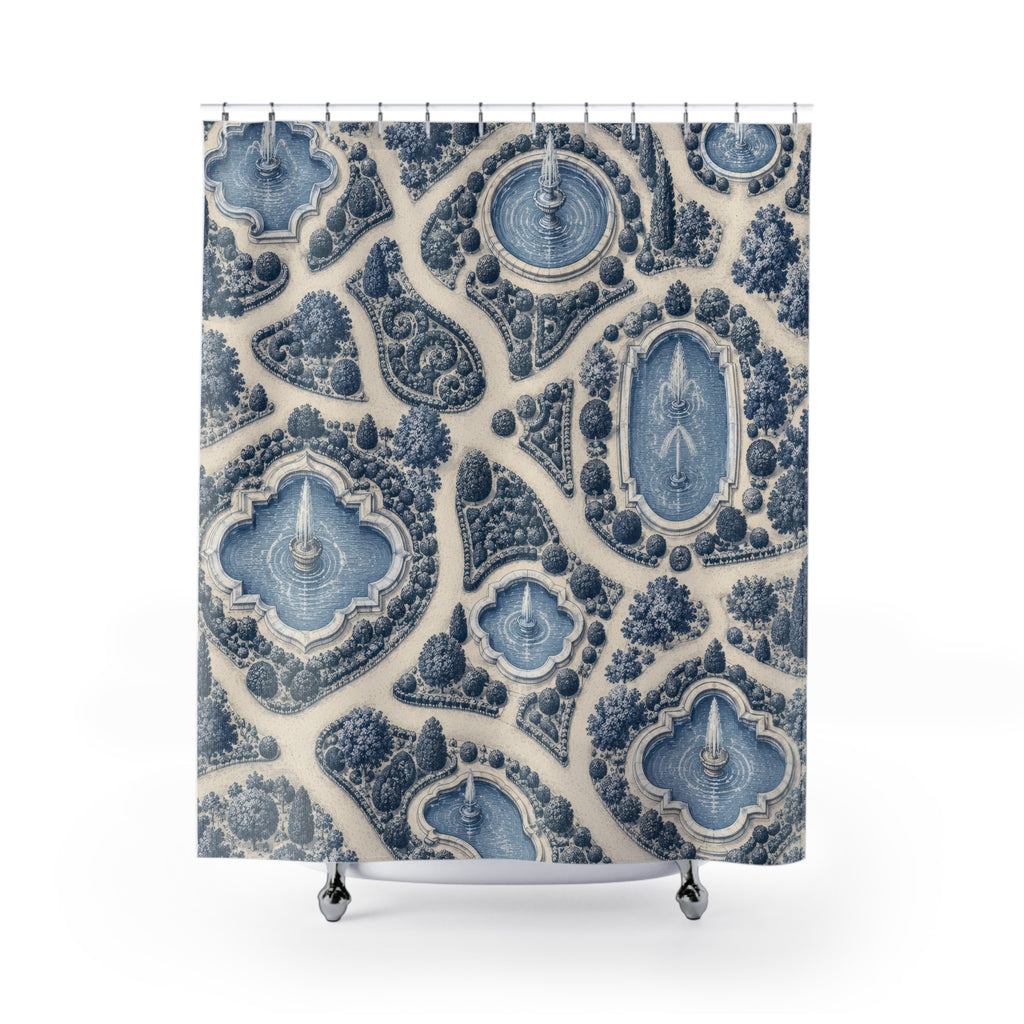 Blue fountain pools and clipped gardens with ivory paths shower curtain with full front view