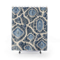 Blue fountain pools and clipped gardens with ivory paths shower curtain with full front view