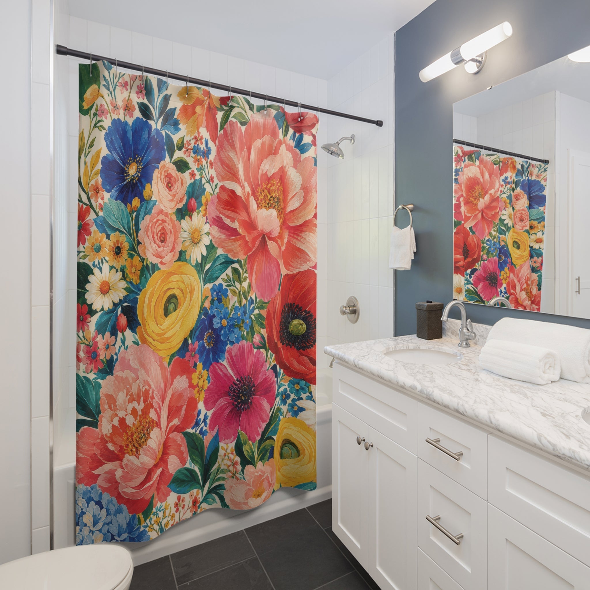 Colorful Floral Shower Curtain: Bright Garden Flower Pattern