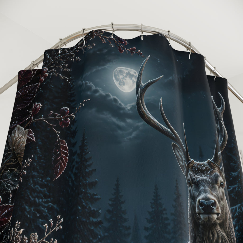 Stag in burgundy frosted forest shower curtain with close-up print, hooks, and folds