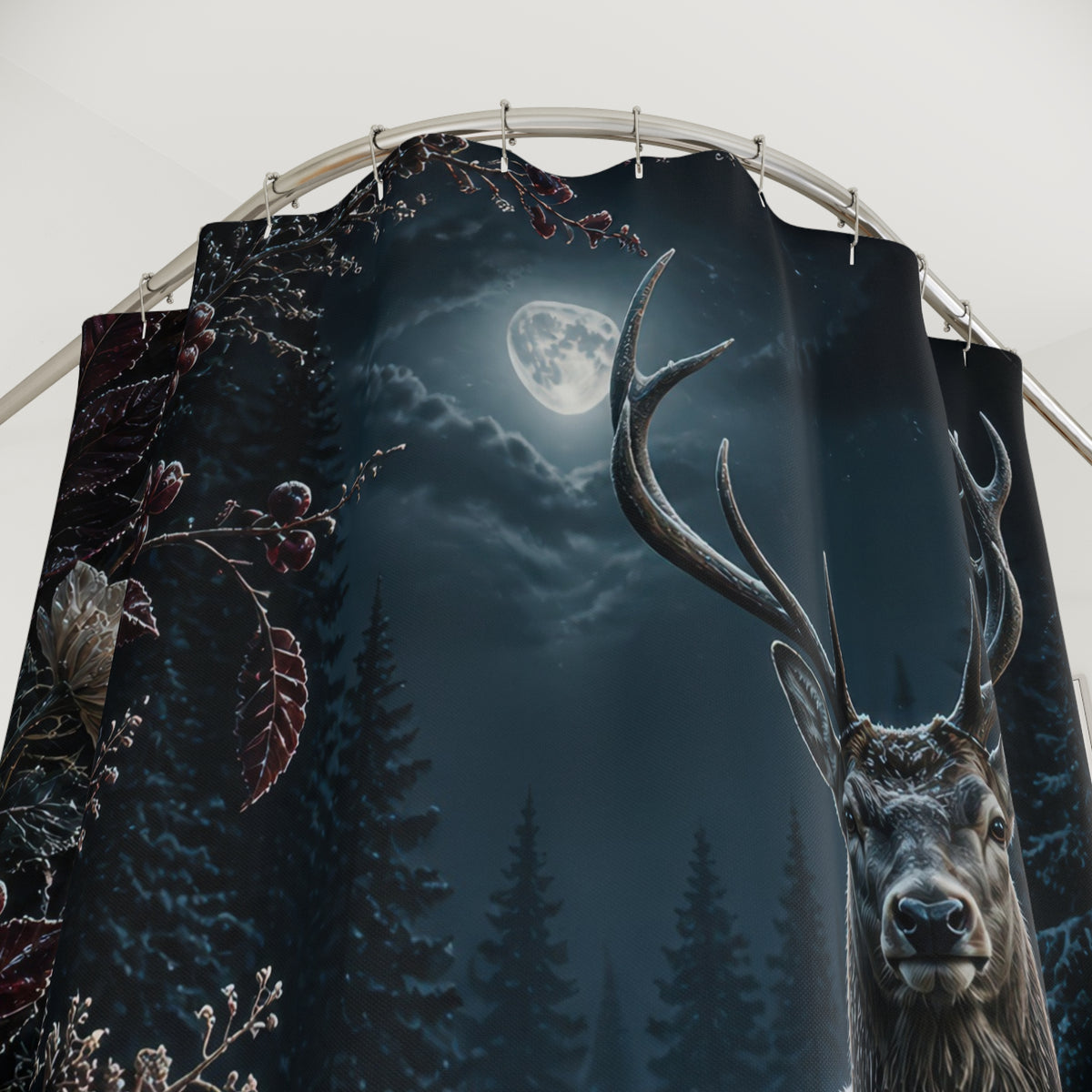 Stag in burgundy frosted forest shower curtain with close-up print, hooks, and folds