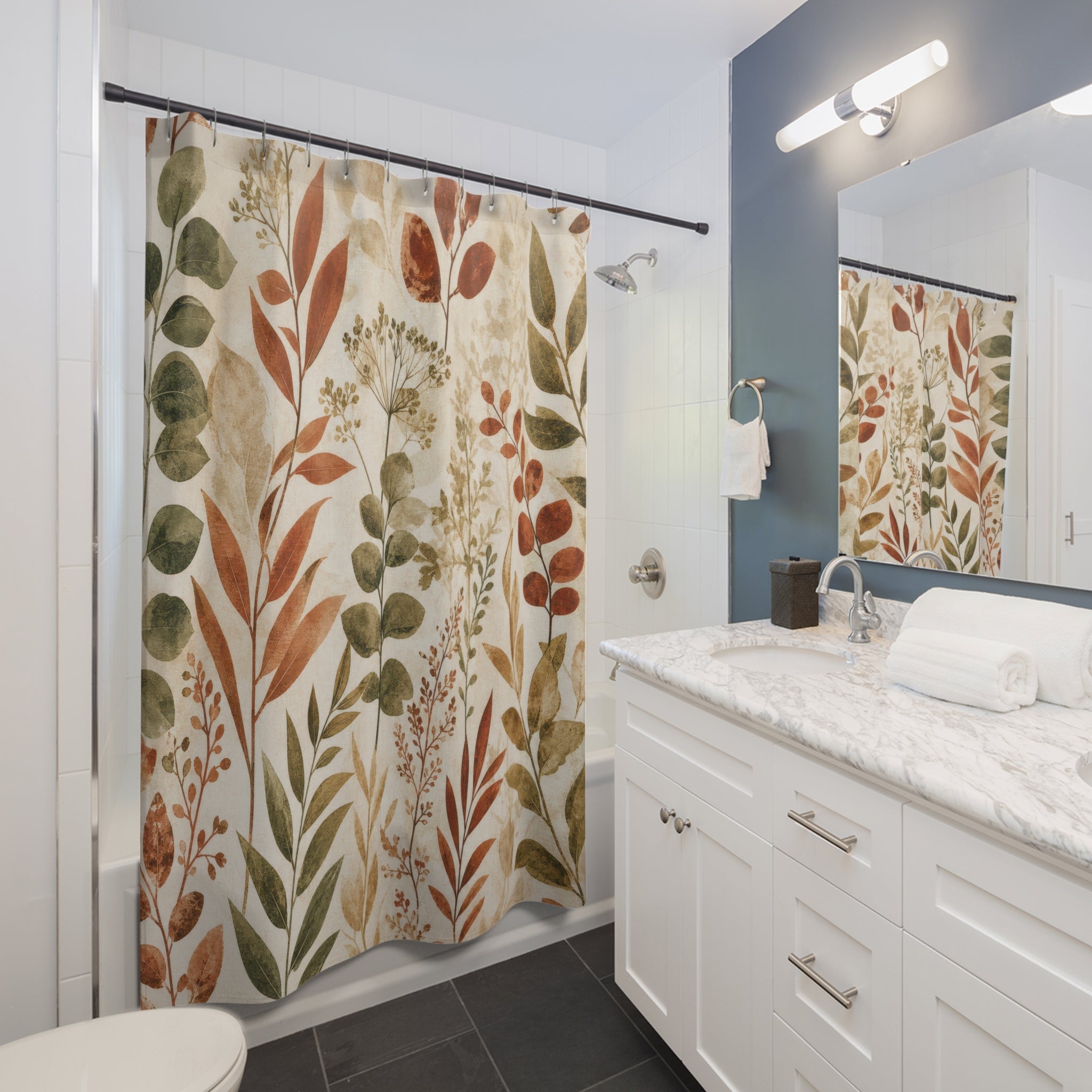 Rust Green Leafy Stem Botanical Shower Curtain