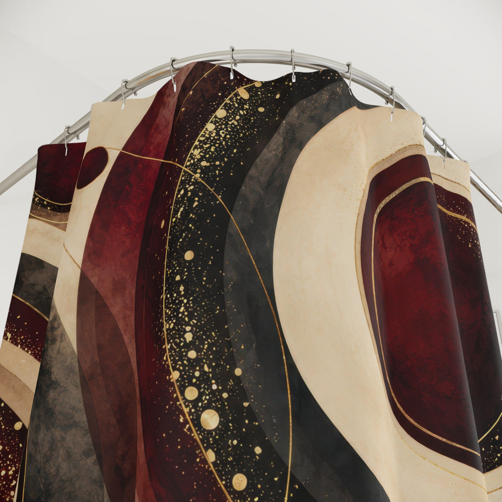 Burgundy circles with cream bands and gold-colored flecks shower curtain with close-up print, hooks, and folds