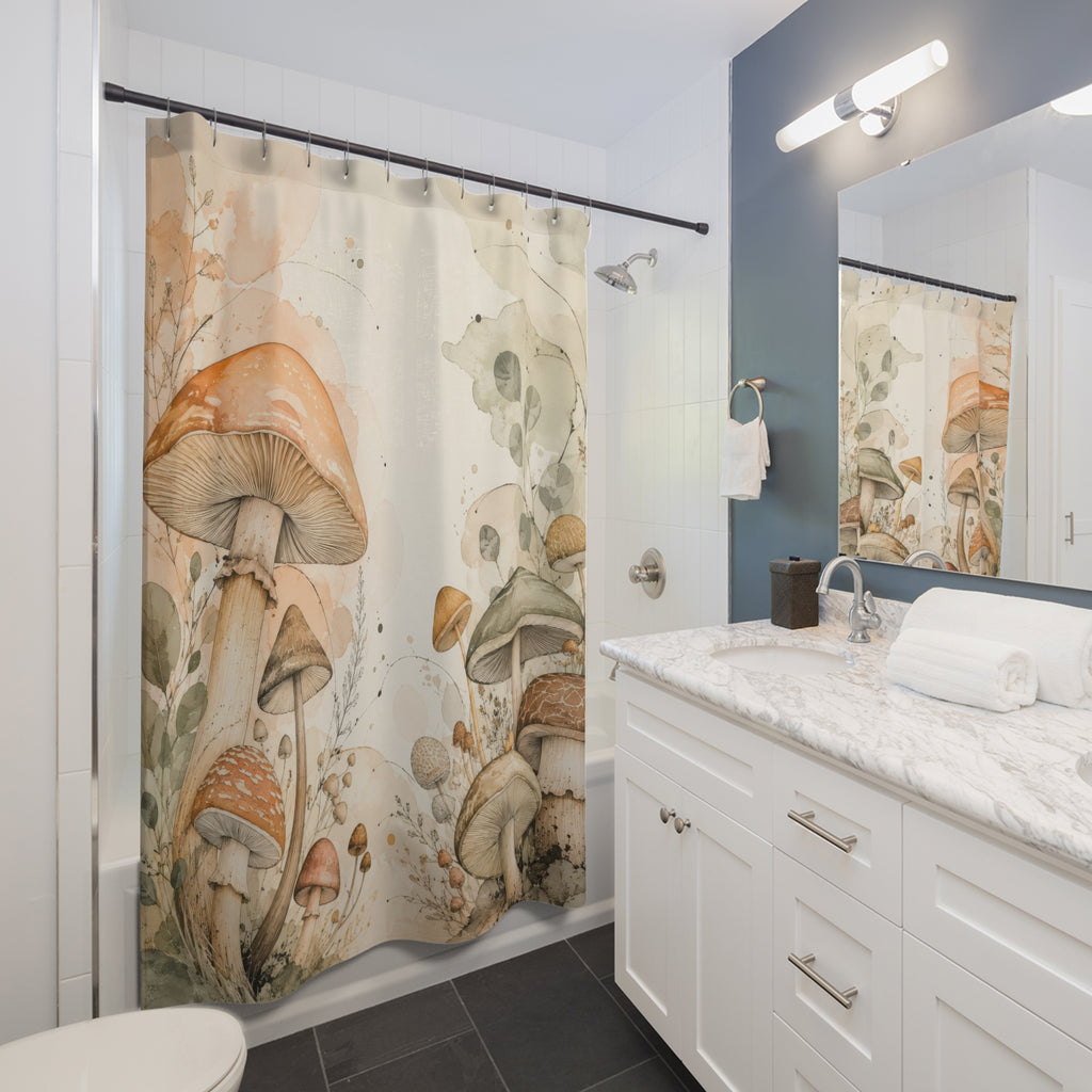 Peach and sage mushroom meadow on ivory shower curtain beside a white vanity