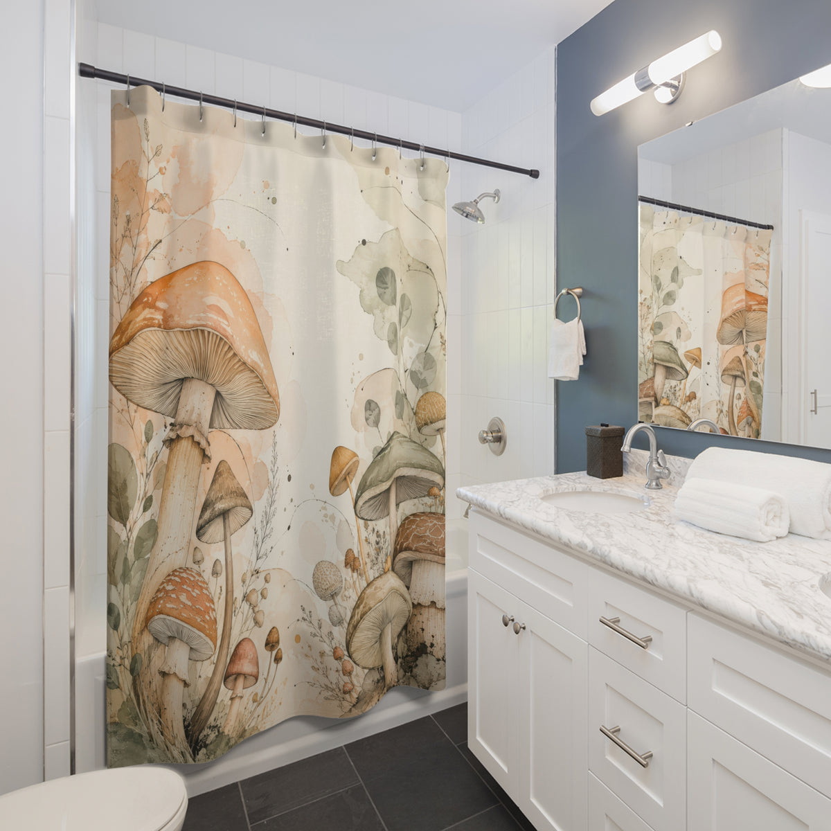 Peach and sage mushroom meadow on ivory shower curtain beside a white vanity