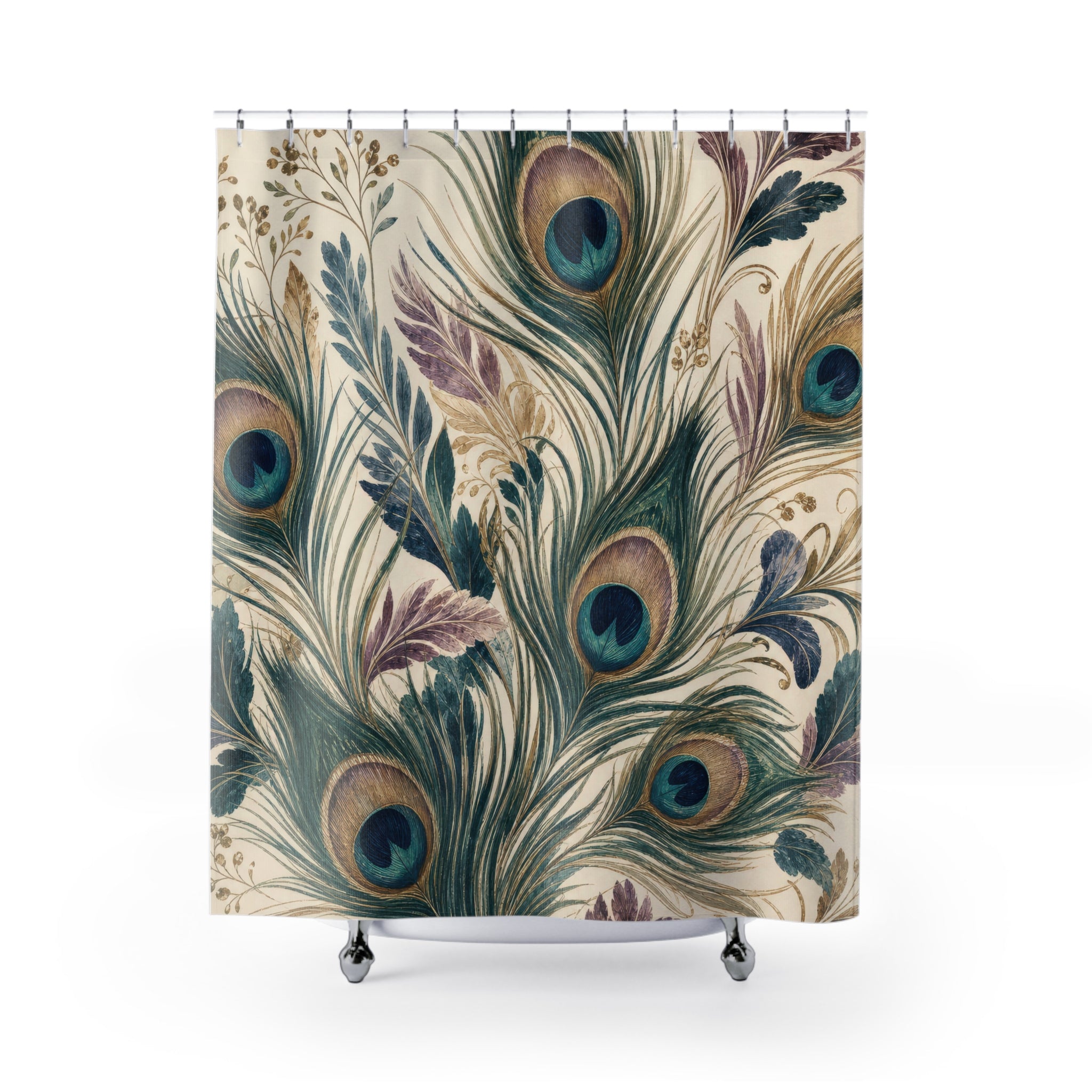 Blue Green Feather Botanical Peacock Shower Curtain