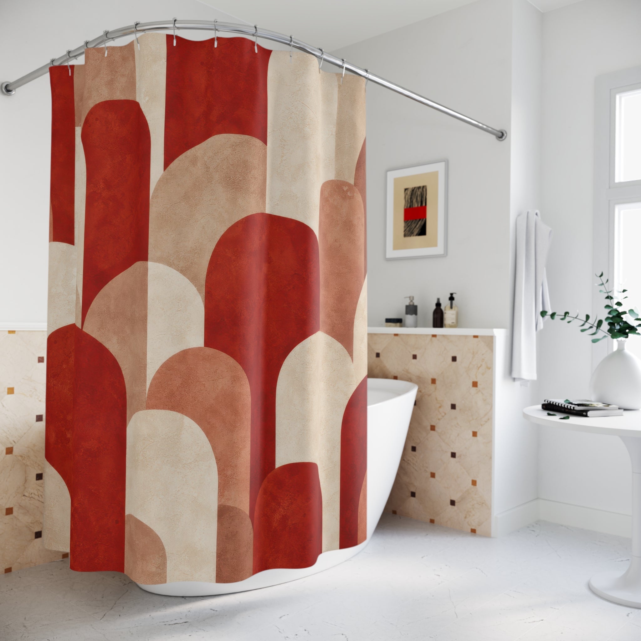 Geometric Arch Red and White Shower Curtain