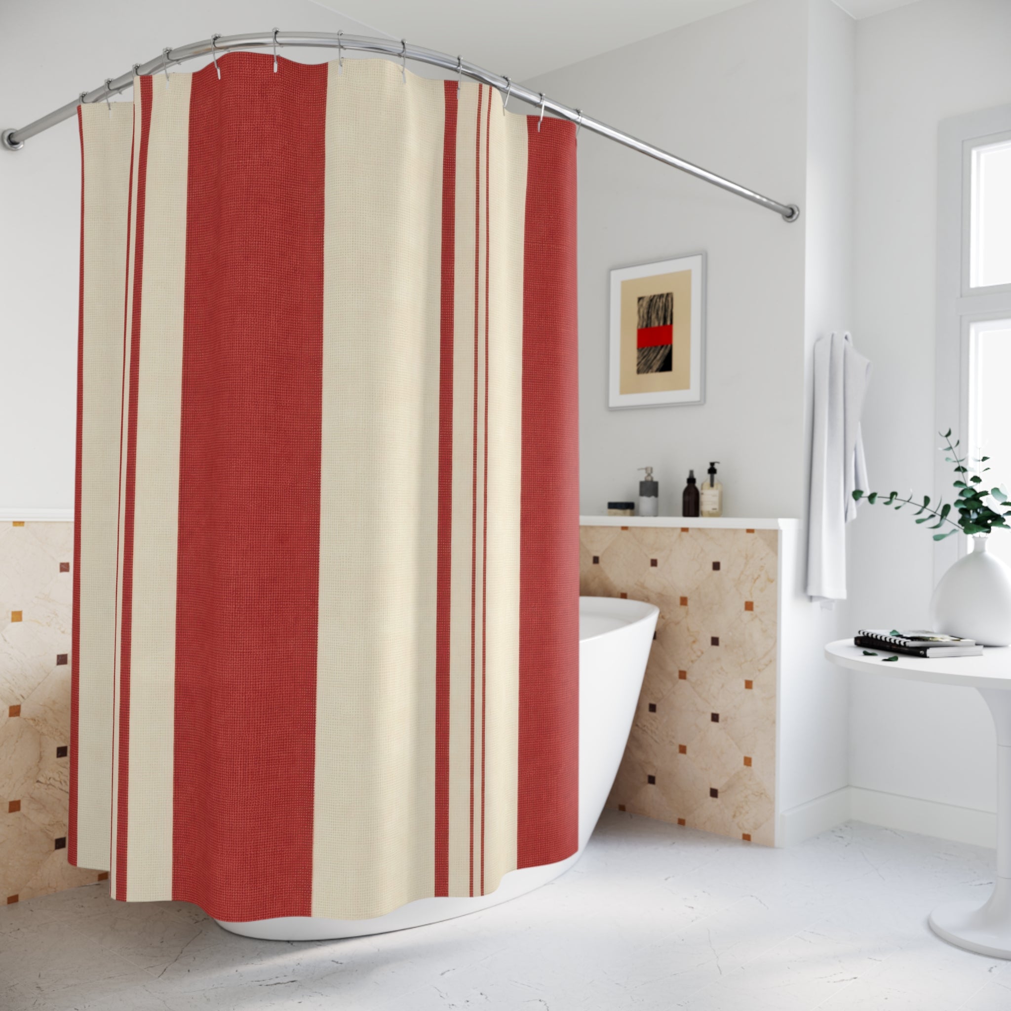 Red and White Resort Stripe Shower Curtain: Asymmetric Cabana