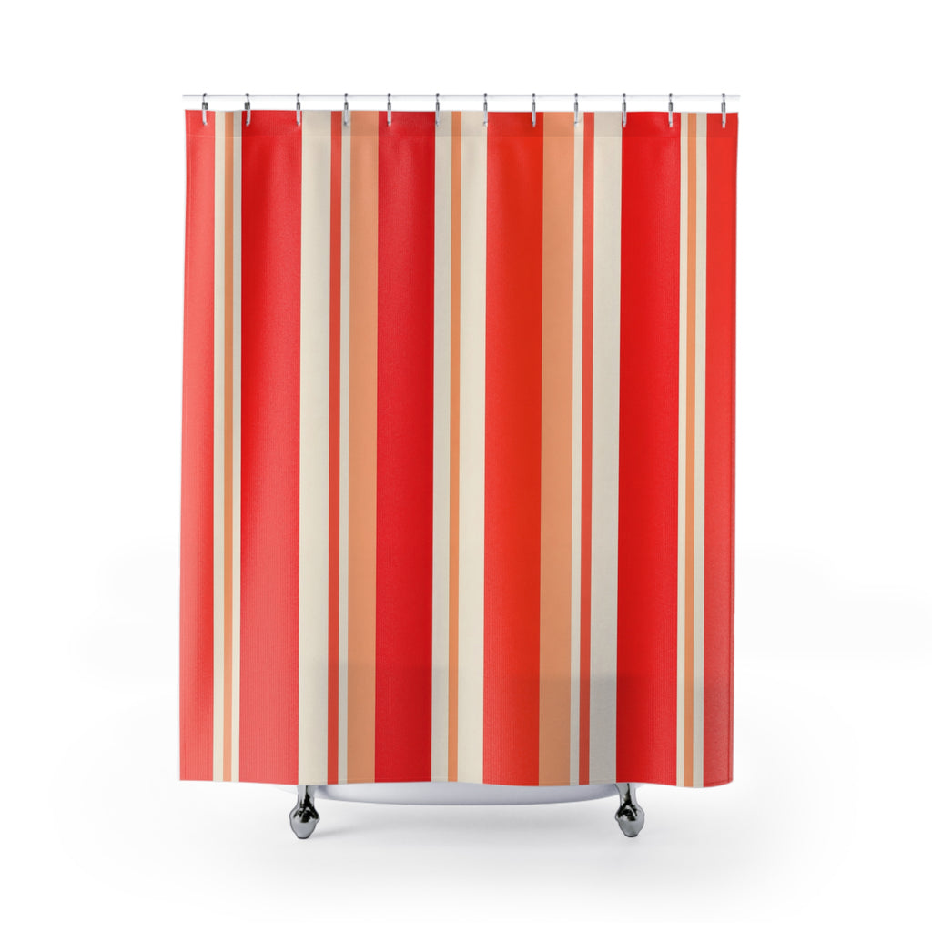 Warm Poppy Coral Stripe Shower Curtain, Poppy Red Classic Bathroom Decor, Modern Stripe Bath Curtain, Guest Bath Decor, Small Bathroom Decor