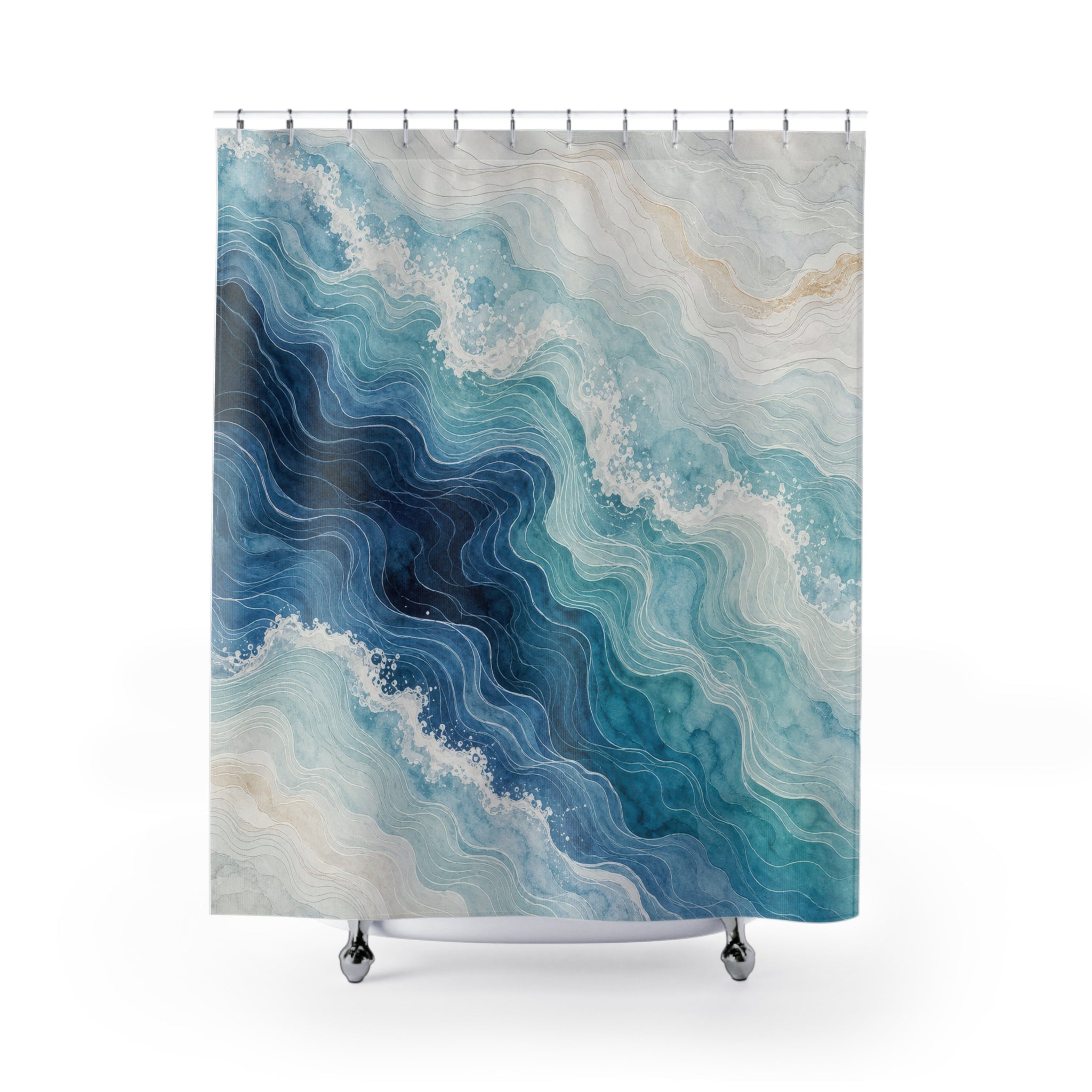Blue Wave Watercolor Abstract Shower Curtain