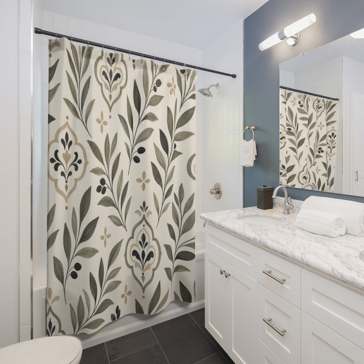 Sage Black Beige Damask Leaf shower curtain beside a white vanity