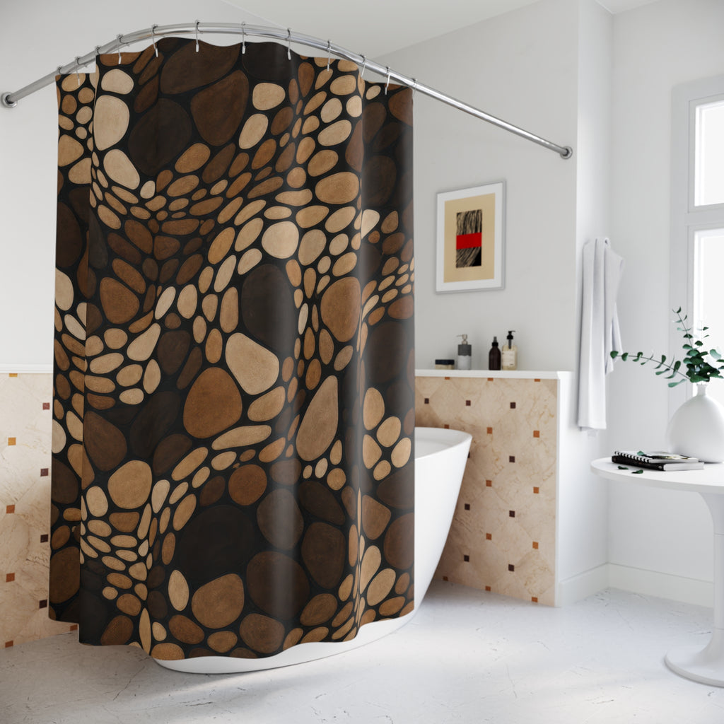 Mosaic Shower Curtain, Black Brown Stone Bath Decor, Cream Pebble Path Pattern, Organic Earth Tone Neutral Guest Bathroom Decor Style