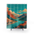 Turquoise river winding through a terracotta desert canyon shower curtain with full front view