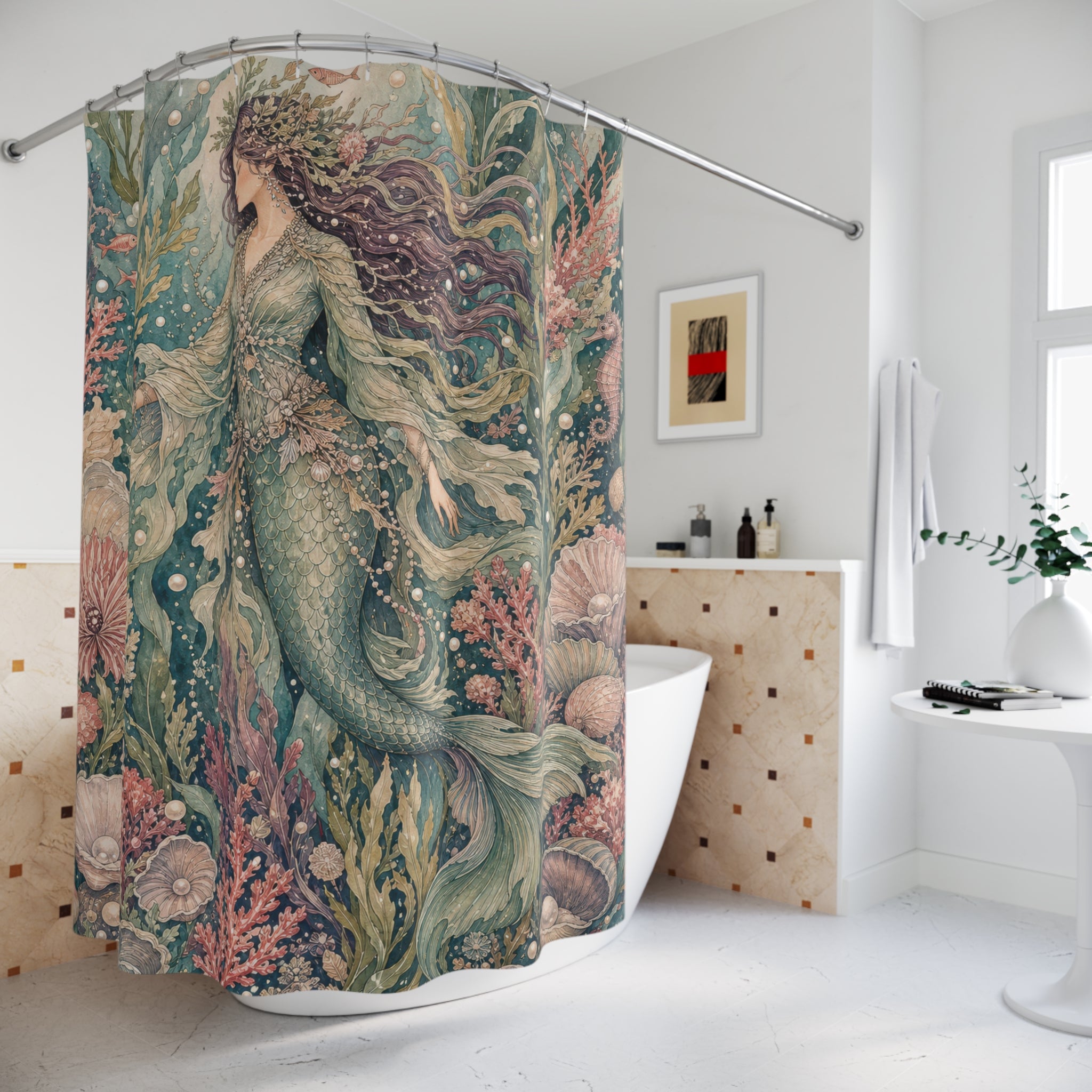 Sea Green Botanical Ocean Shower Curtain