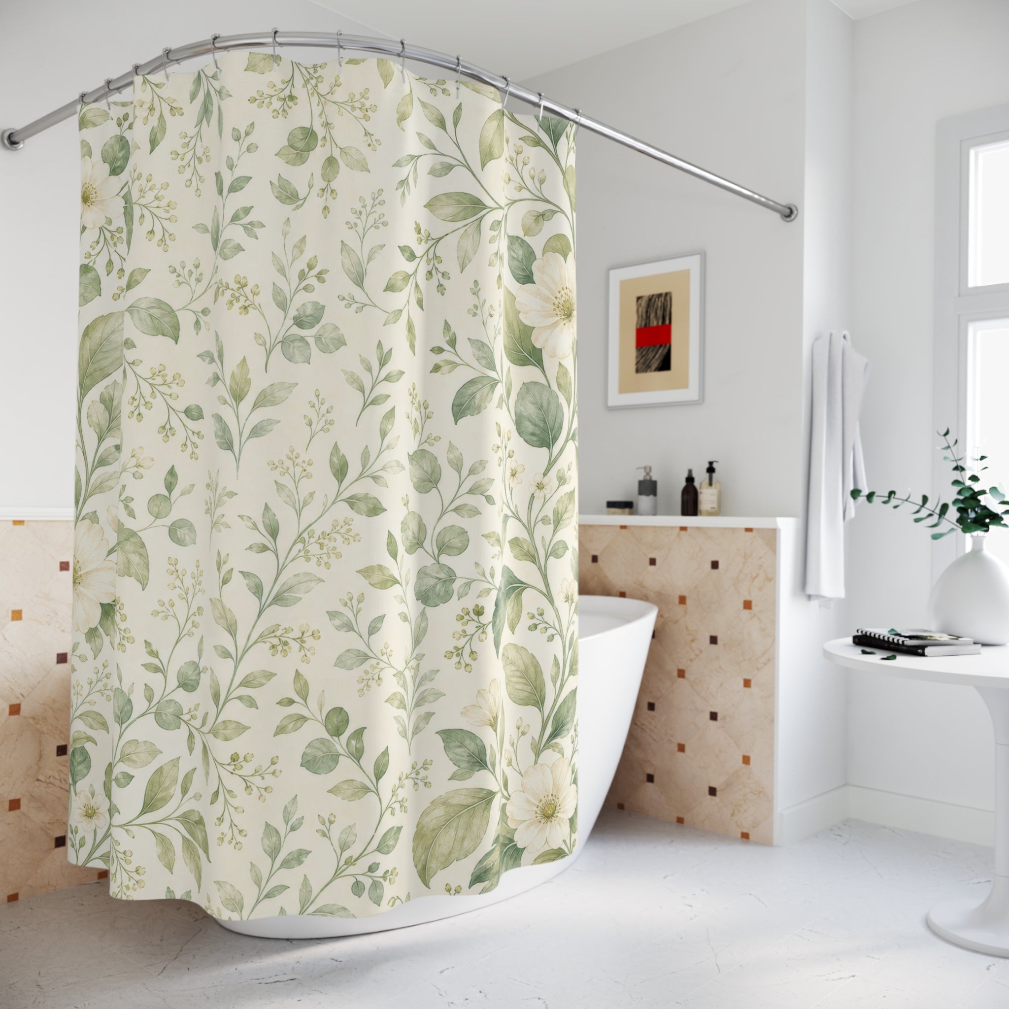 Sage White Floral Green Botanical Shower Curtain