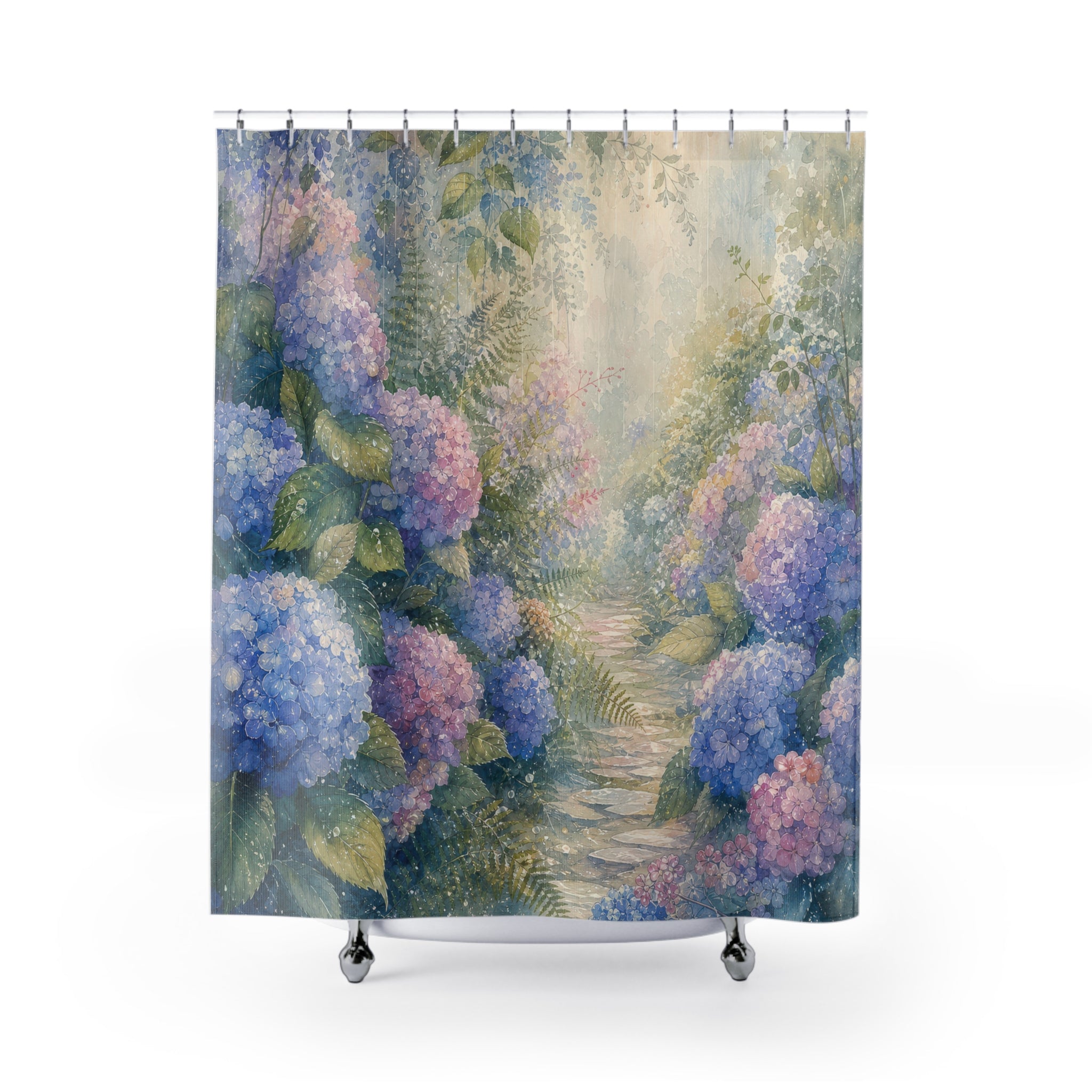 Rainlit Hydrangea Path Shower Curtain