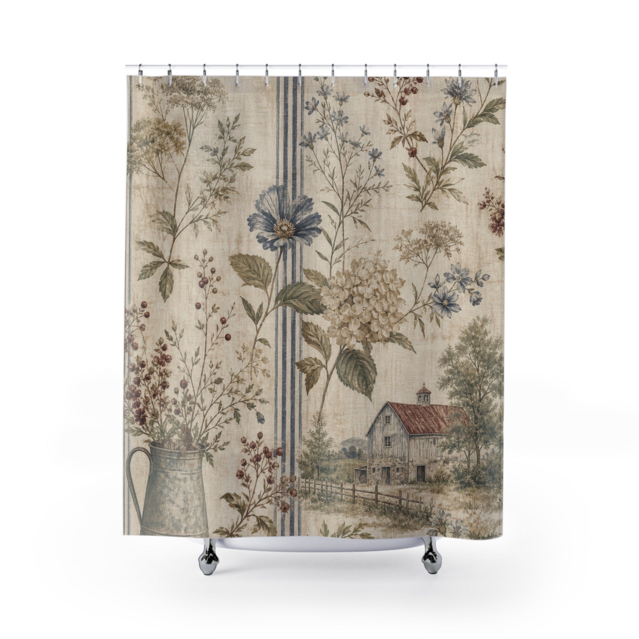 Vintage Farmhouse Shower Curtain: Country Botanical Landscape