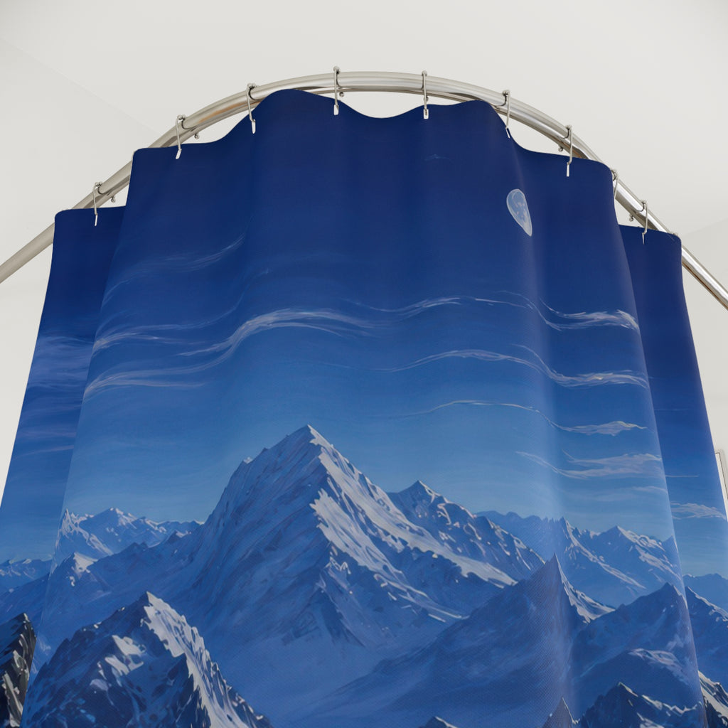 Moonlit cobalt peaks above a snowy alpine valley shower curtain with close-up print, hooks, and folds