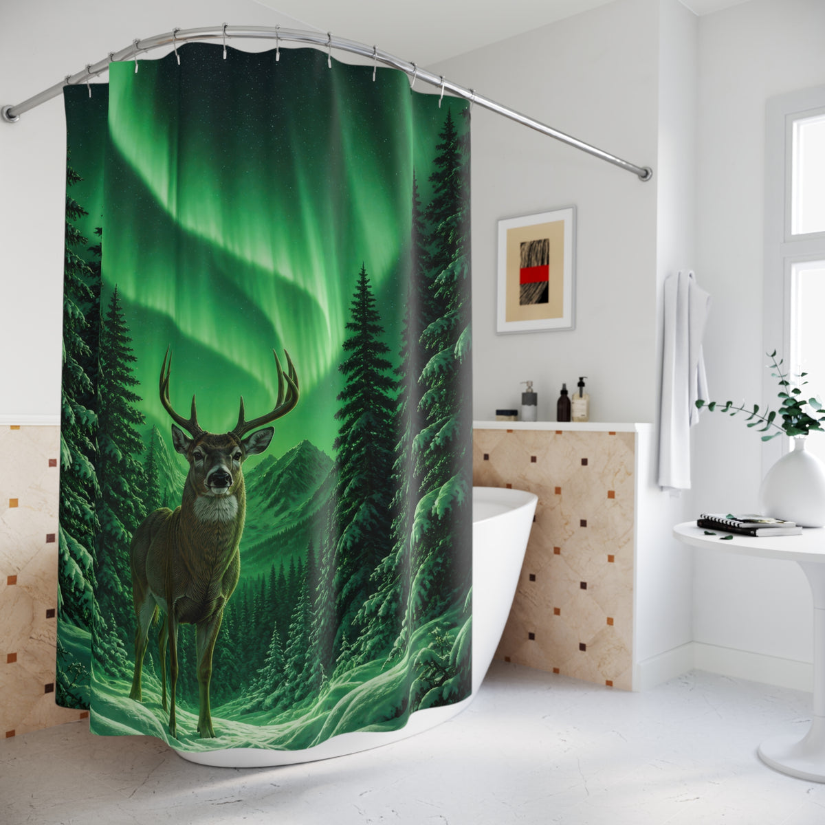 Buck under green aurora in snowy pines shower curtain beside a freestanding tub