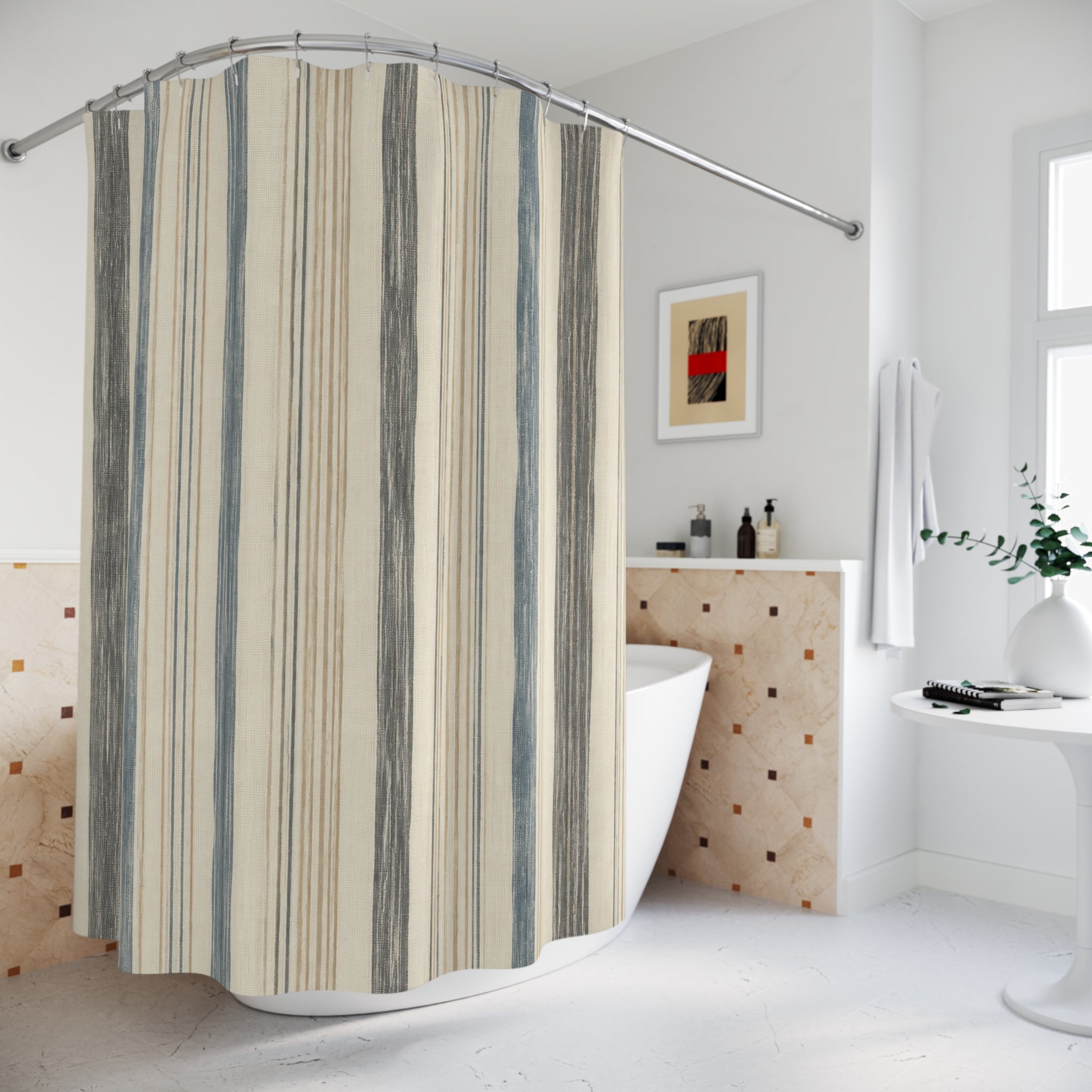 Dusty Blue Beige Watercolor Stripe Shower Curtain