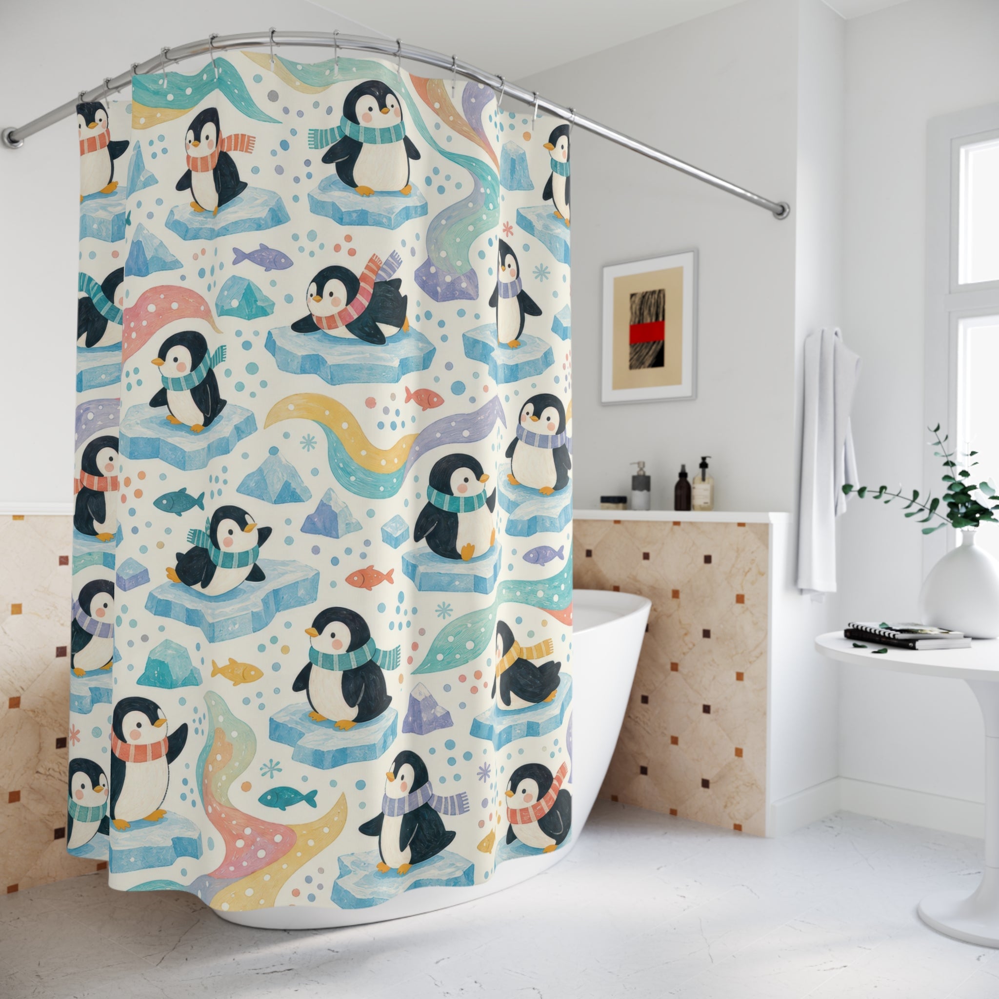 Kids Penguin Shower Curtain, Blue Wave Ocean Animal Pattern, Cute Arctic Bathroom Decor, Playroom Ocean Wall Decor Guest Bath Wall Gift