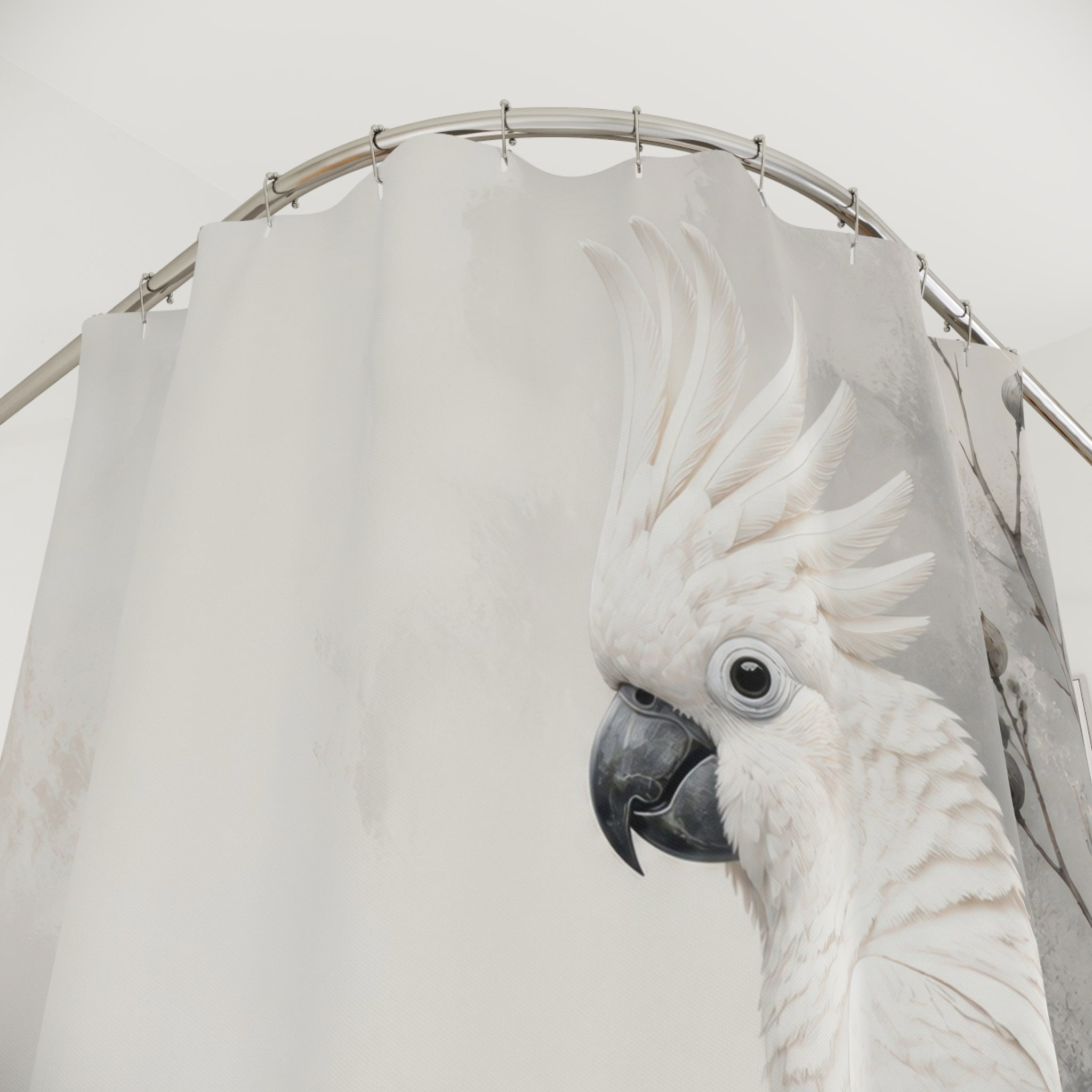 Close-up of White cockatoo perched in soft grey ink wash foliage shower curtain with hooks and folds