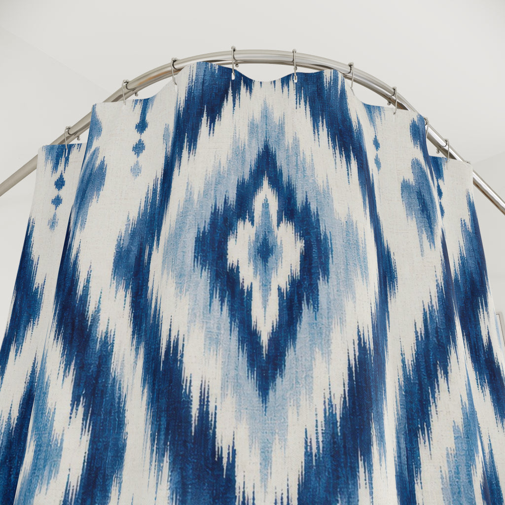 Blue Ikat Diamond Shower Curtain, Indigo Blue Bohemian Bathroom Decor, Ikat Stripe Bath Curtain, Guest Bath Decor, Small Bathroom Decor