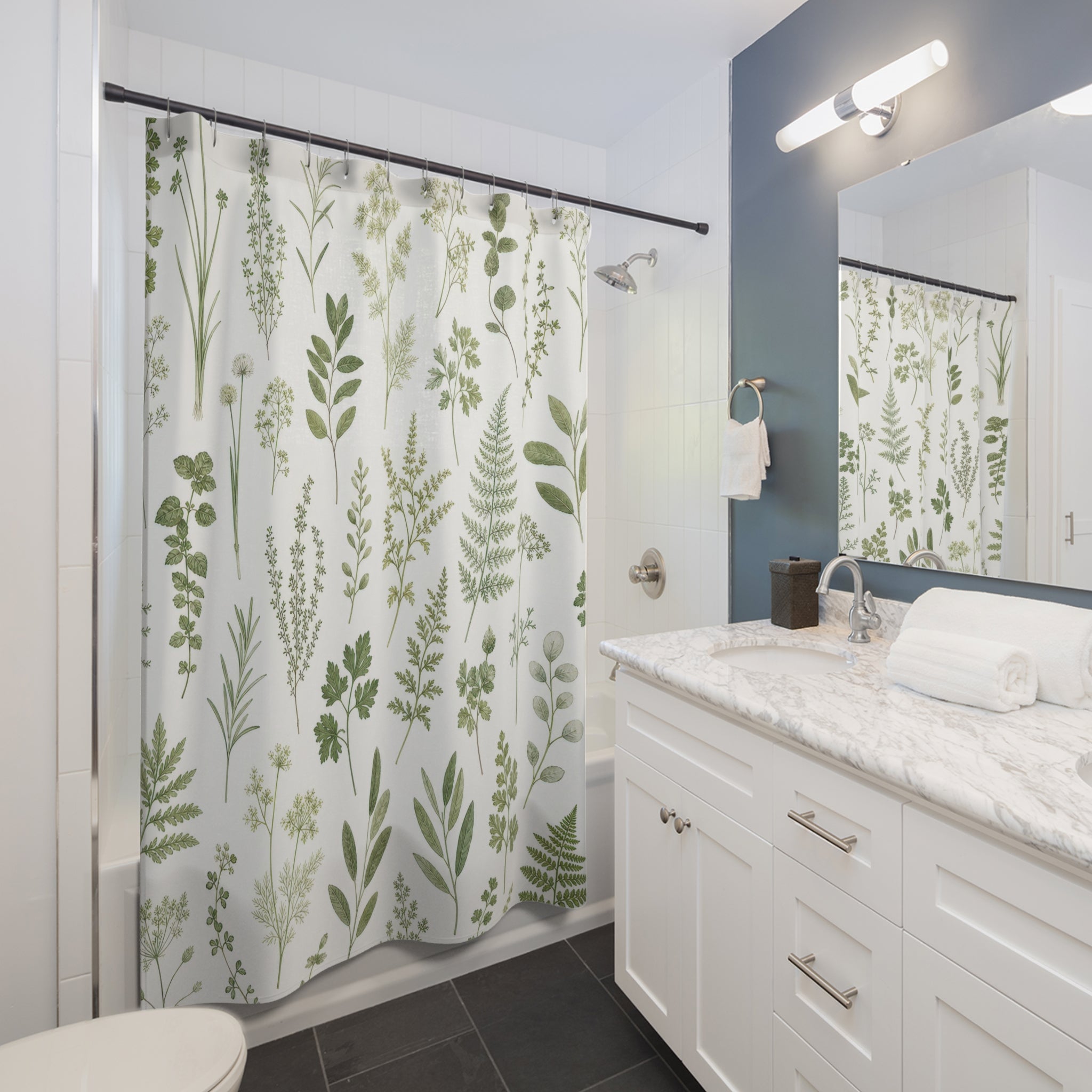 Green White Herb Stem Shower Curtain