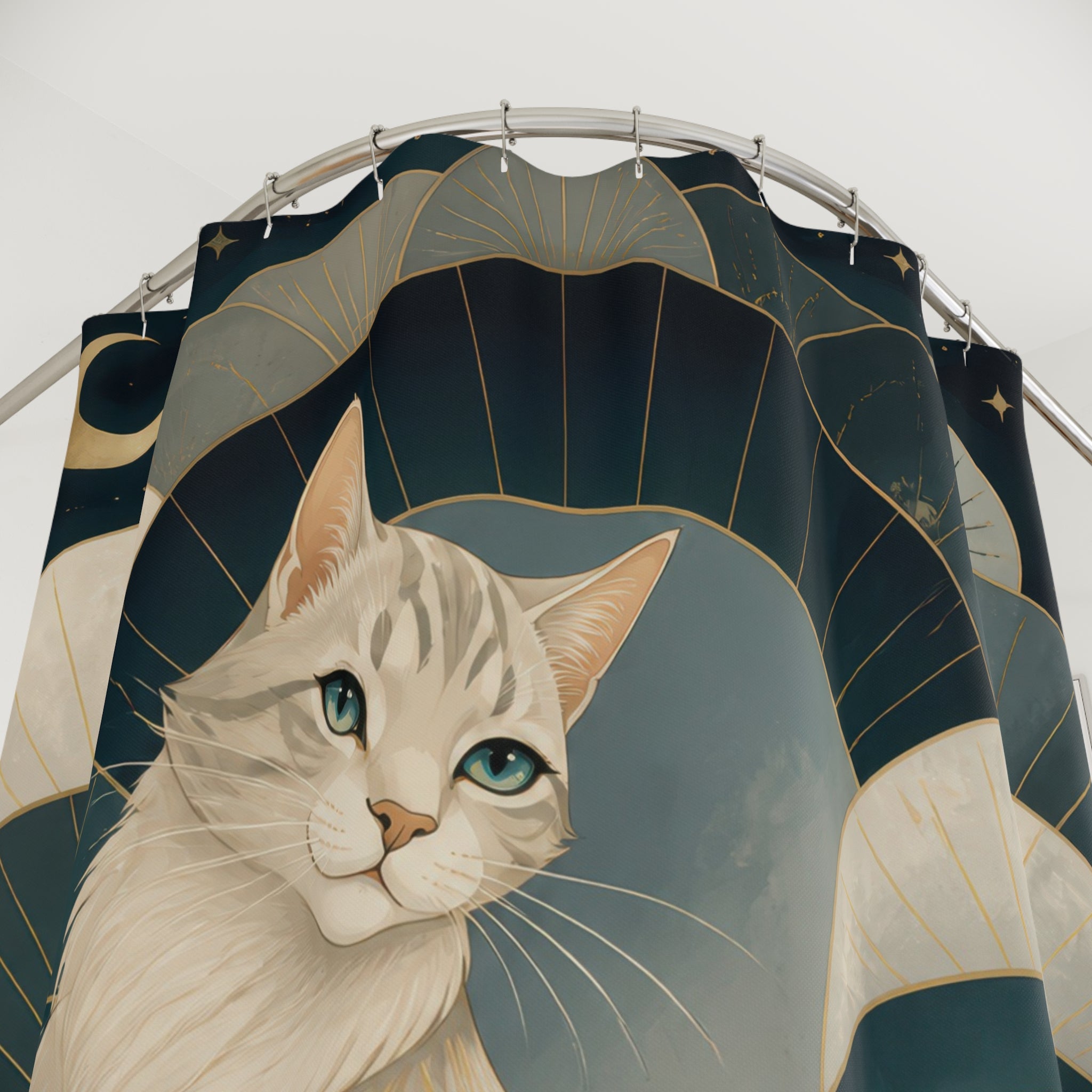 Pearl and teal cat portrait framed by fan arches shower curtain with close-up print, hooks, and folds