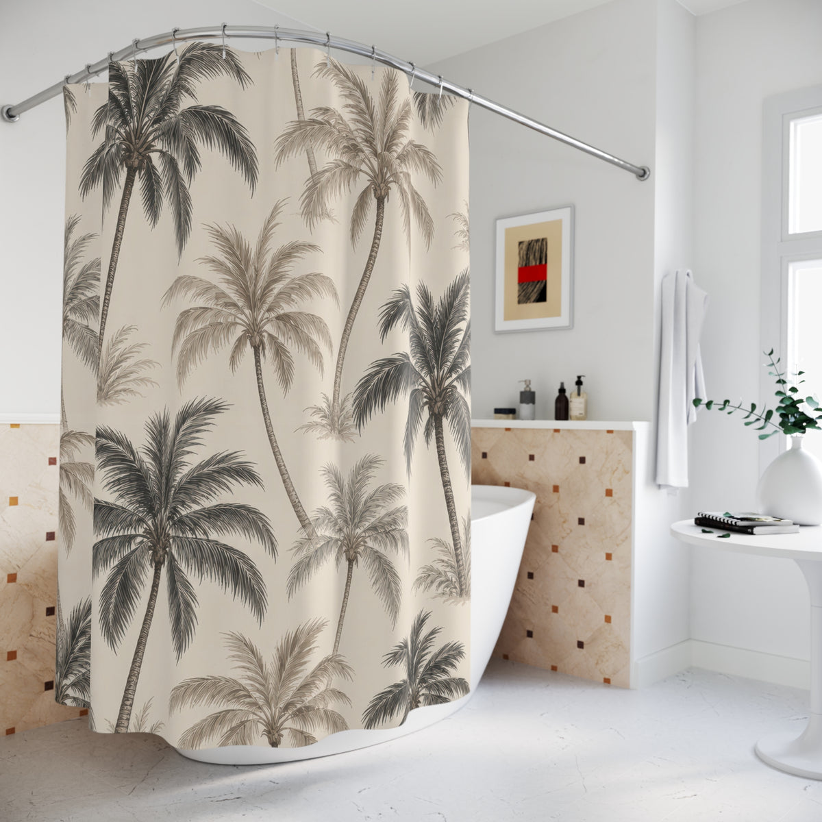 Charcoal and taupe palm trees in a cream botanical toile shower curtain beside a freestanding tub