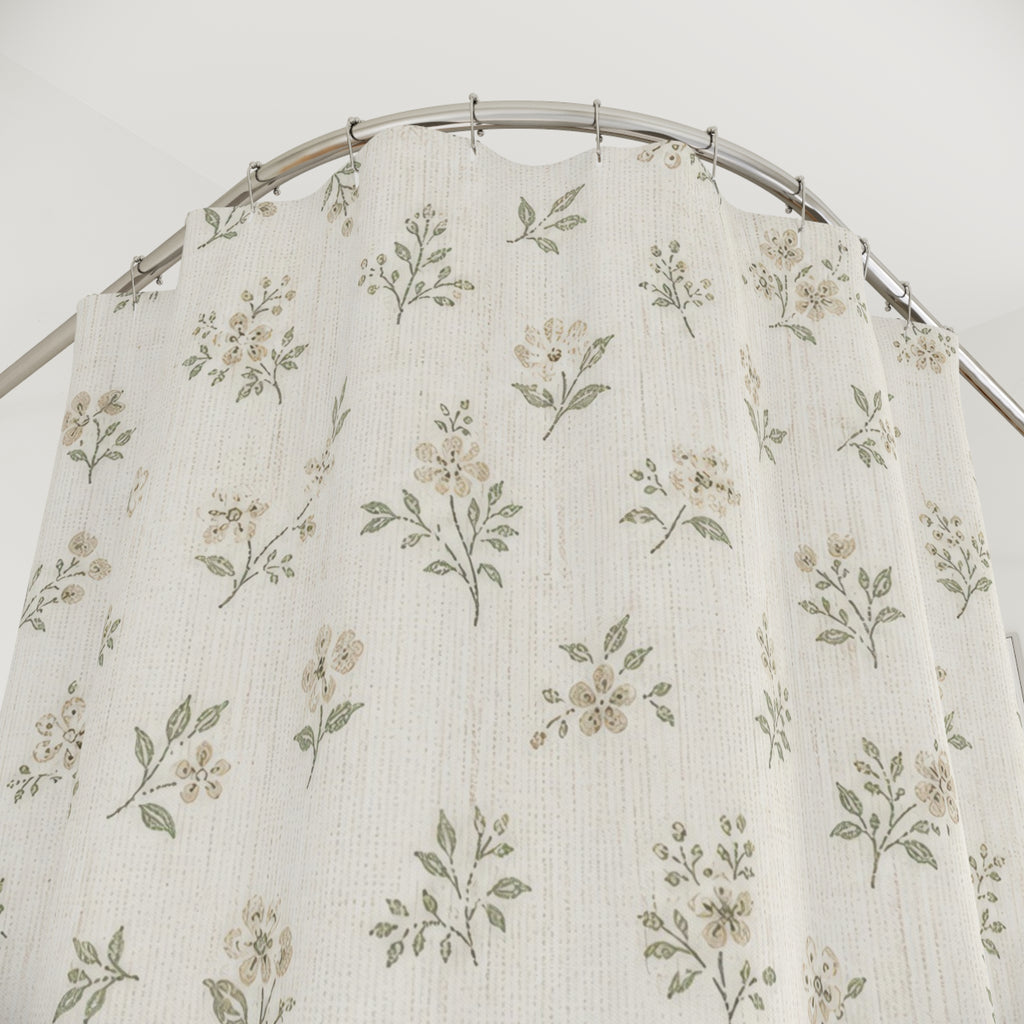 Farmhouse Shower Curtain, White Botanical Bath Decor, Small Olive Sprig Pattern, Country Guest Bathroom Decor, Cream Farmhouse Style