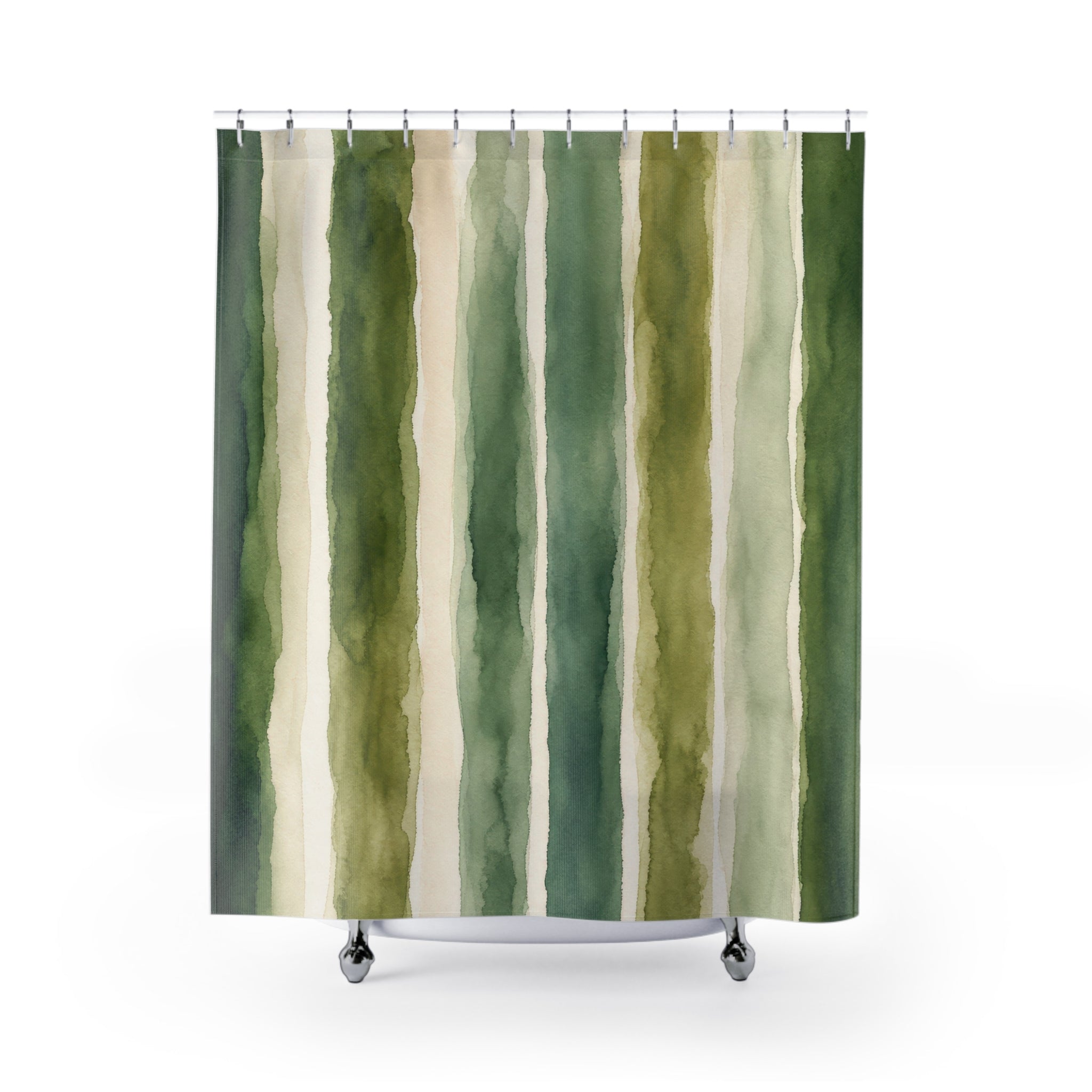 Forest Sage Green Brush Stripe Watercolor Striped Modern Cream Shower Curtain