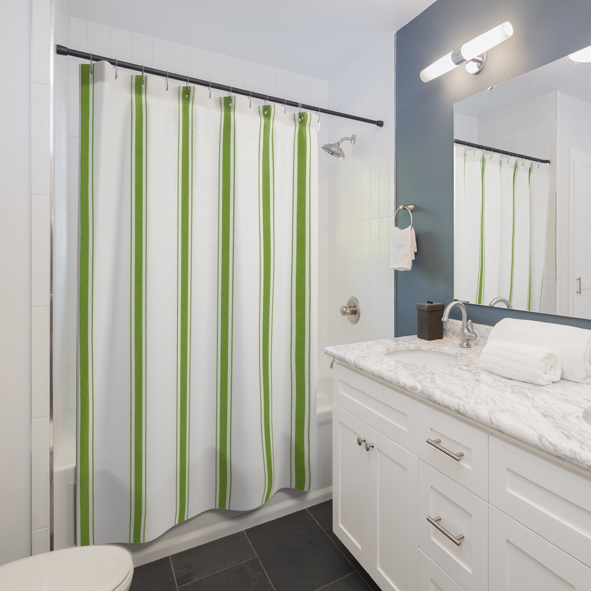 White Farmhouse Green Stripe Shower Curtain