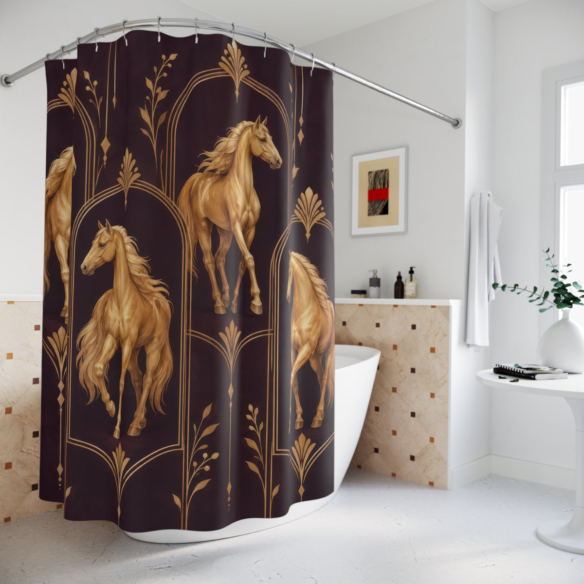 Gold horses within Art Deco arches on deep plum shower curtain beside a freestanding tub