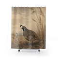 Patterned quail standing among tall taupe dried meadow grasses shower curtain with full front view