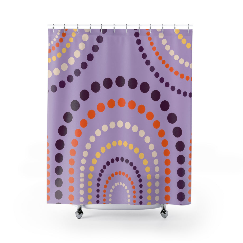 Purple polka dot arches with orange accents shower curtain with full front view