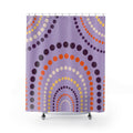 Purple polka dot arches with orange accents shower curtain with full front view