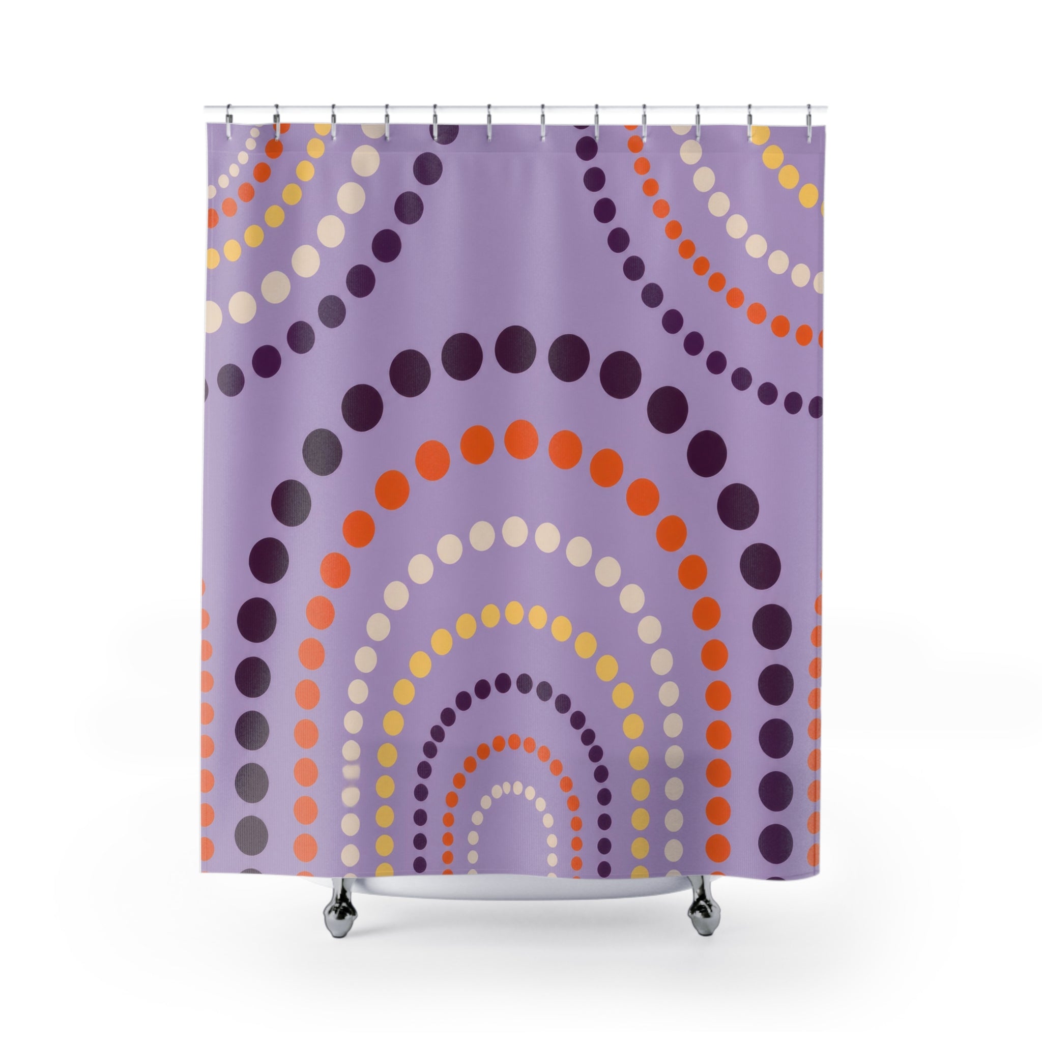 Purple polka dot arches with orange accents shower curtain with full front view