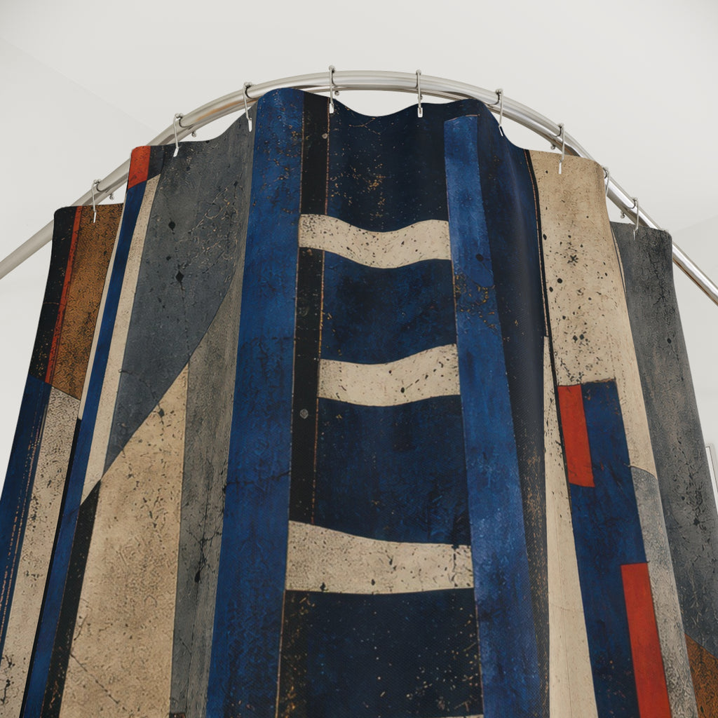 Geometric Shower Curtain, Navy Blue Abstract Architecture, Rust Beige Modern Art, Art Deco Bath Decor, Graphic Guest Bathroom, Bold Bath